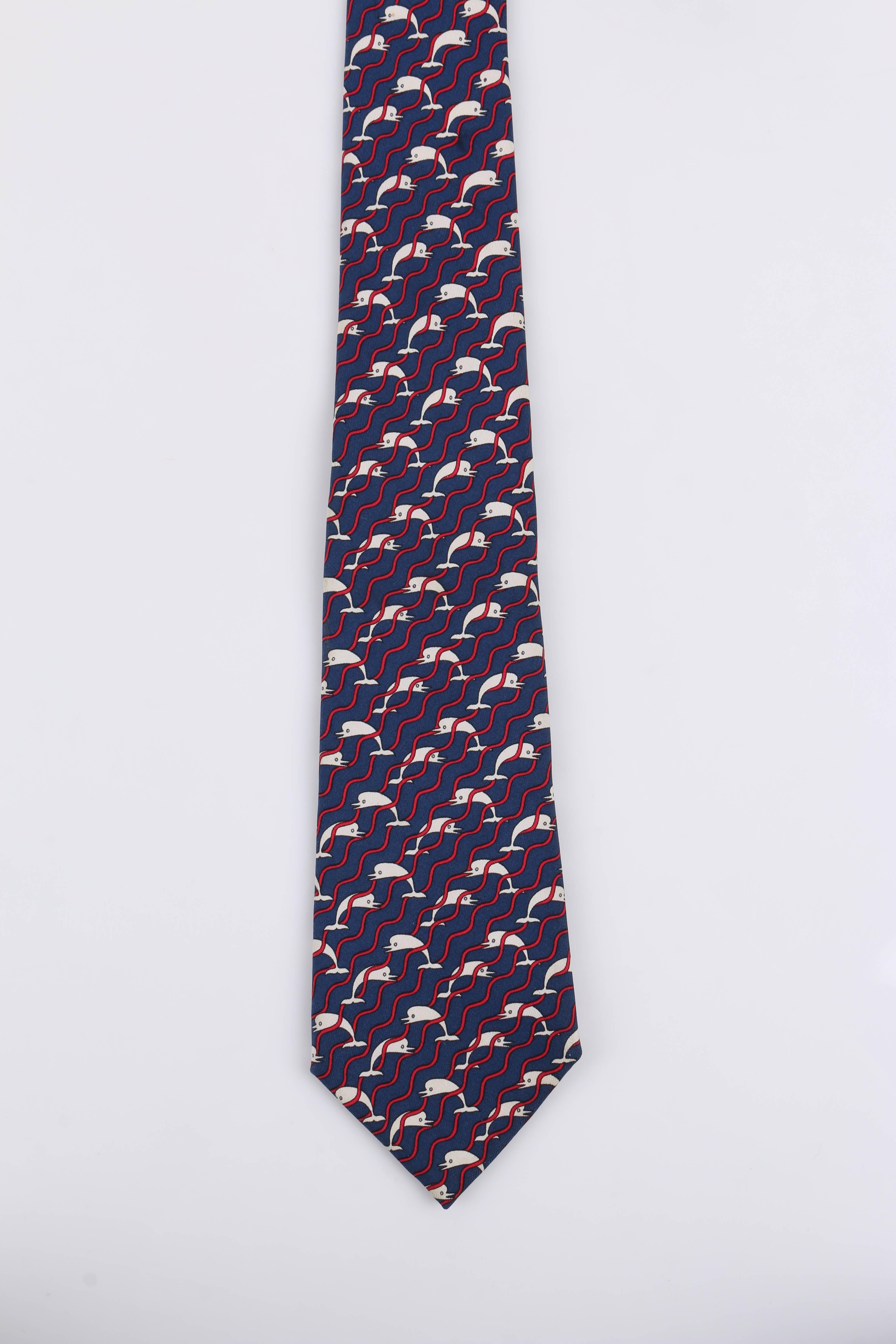 Men's HERMES 5 Fold Navy Blue Dolphin Wave Stripe Print Silk Necktie Tie 987 SA