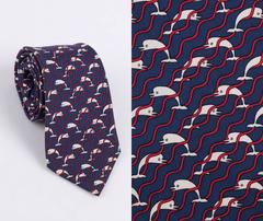 HERMES 5 Fold Navy Blue Dolphin Wave Stripe Print Silk Necktie Tie 987 SA