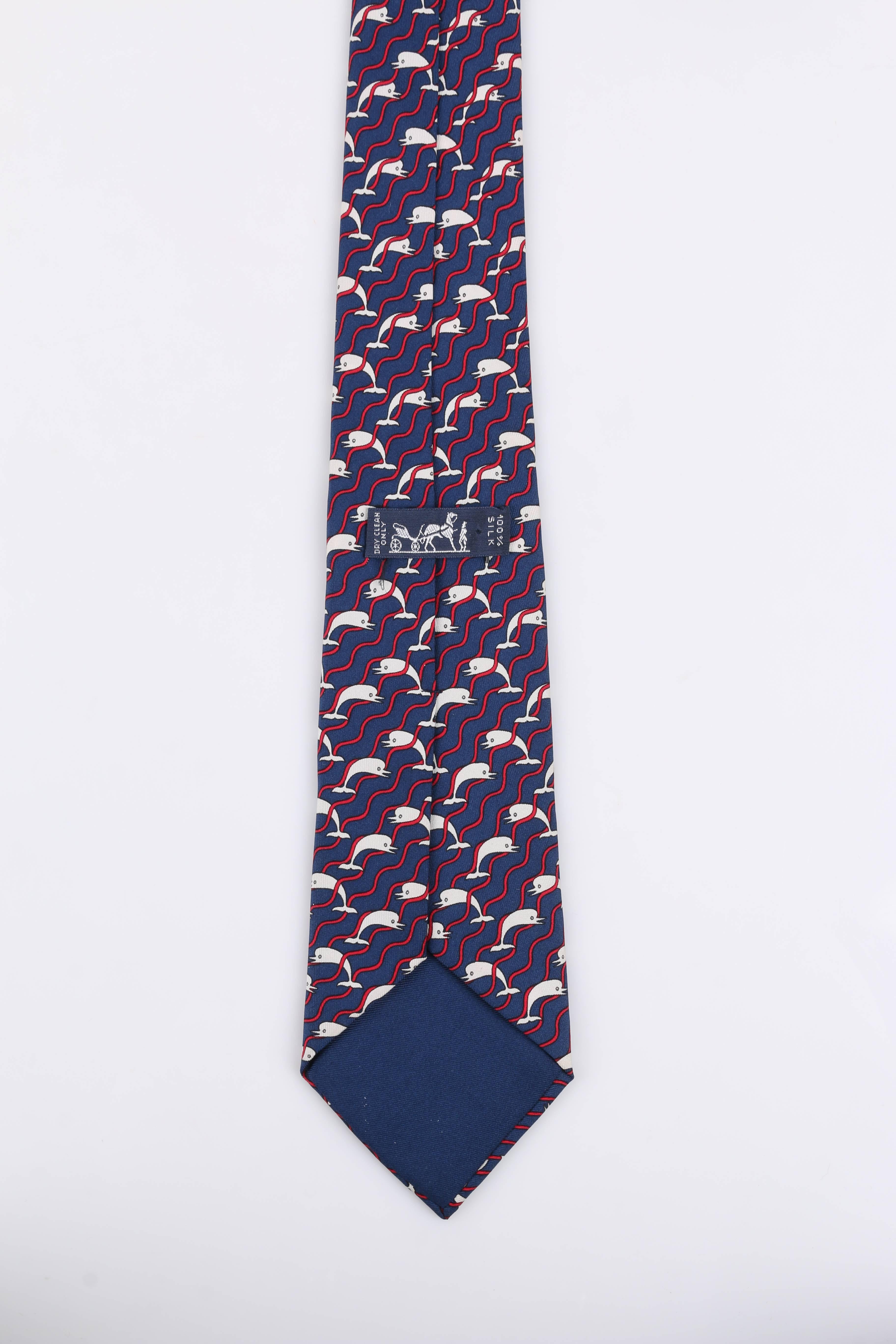 HERMES 5 Fold Navy Blue Dolphin Wave Stripe Print Silk Necktie Tie 987 SA 1