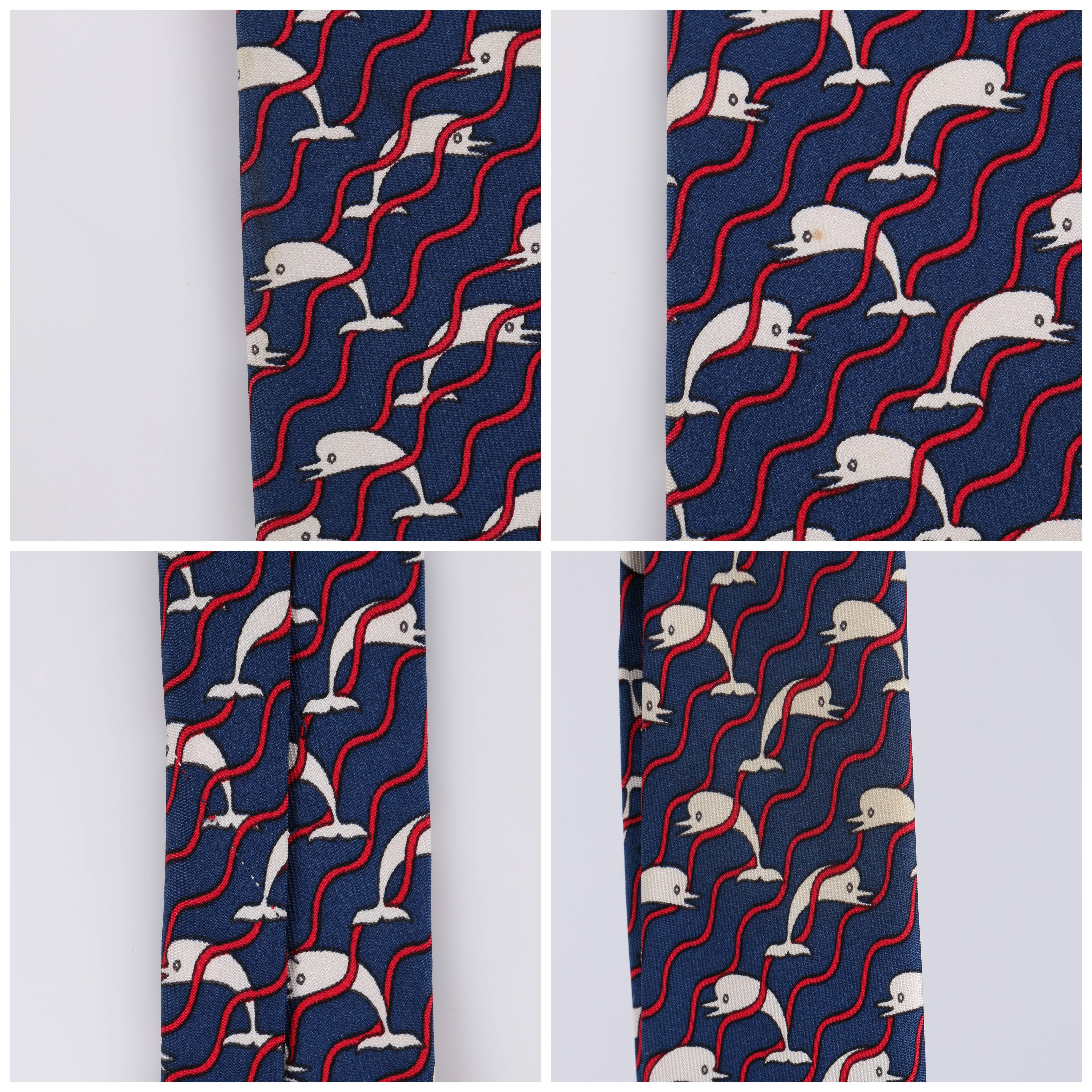 HERMES 5 Fold Navy Blue Dolphin Wave Stripe Print Silk Necktie Tie 987 SA 3