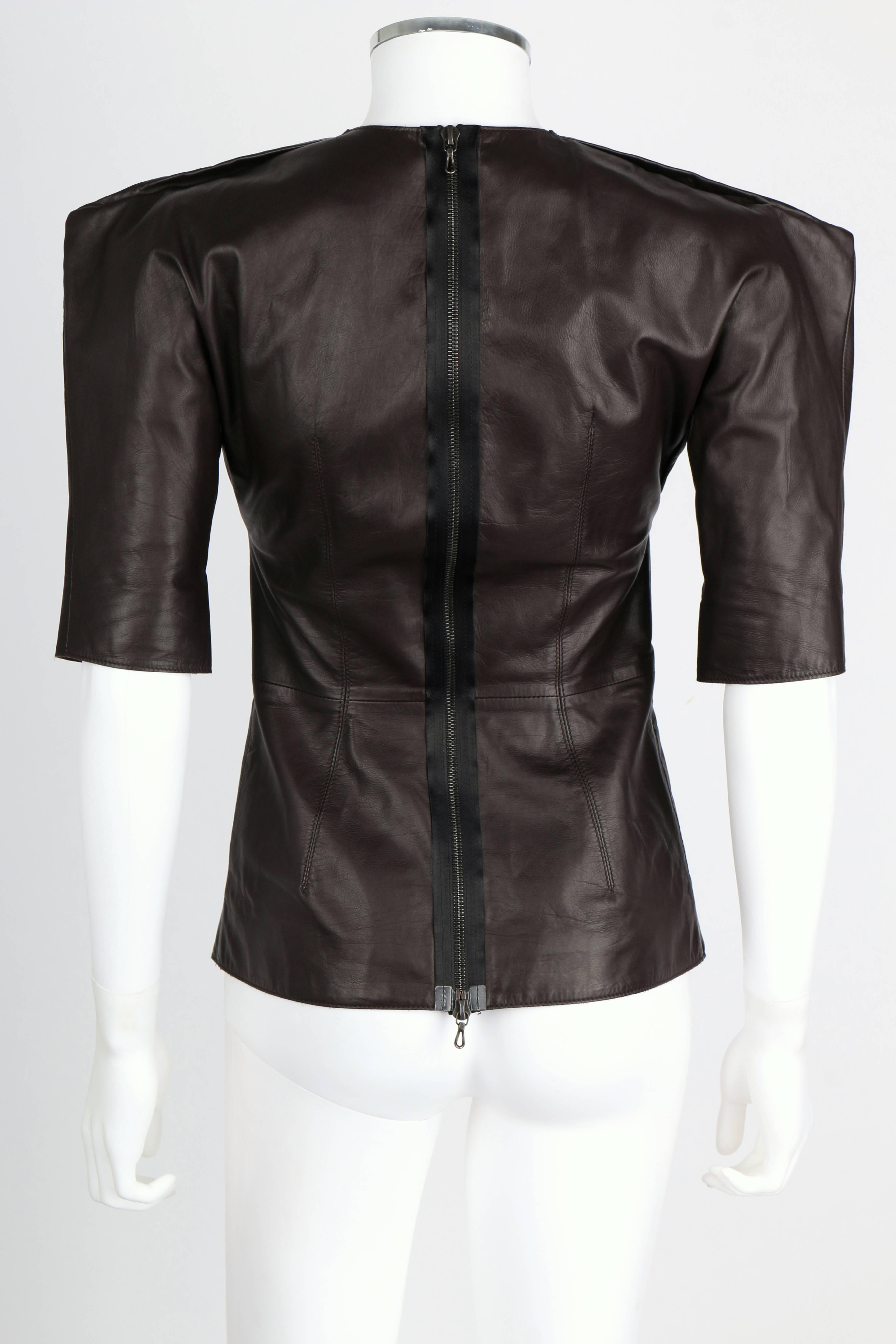 Black LANVIN F/W 2010 Runway Collection Dark Brown Calf Leather Shirt Structured Top