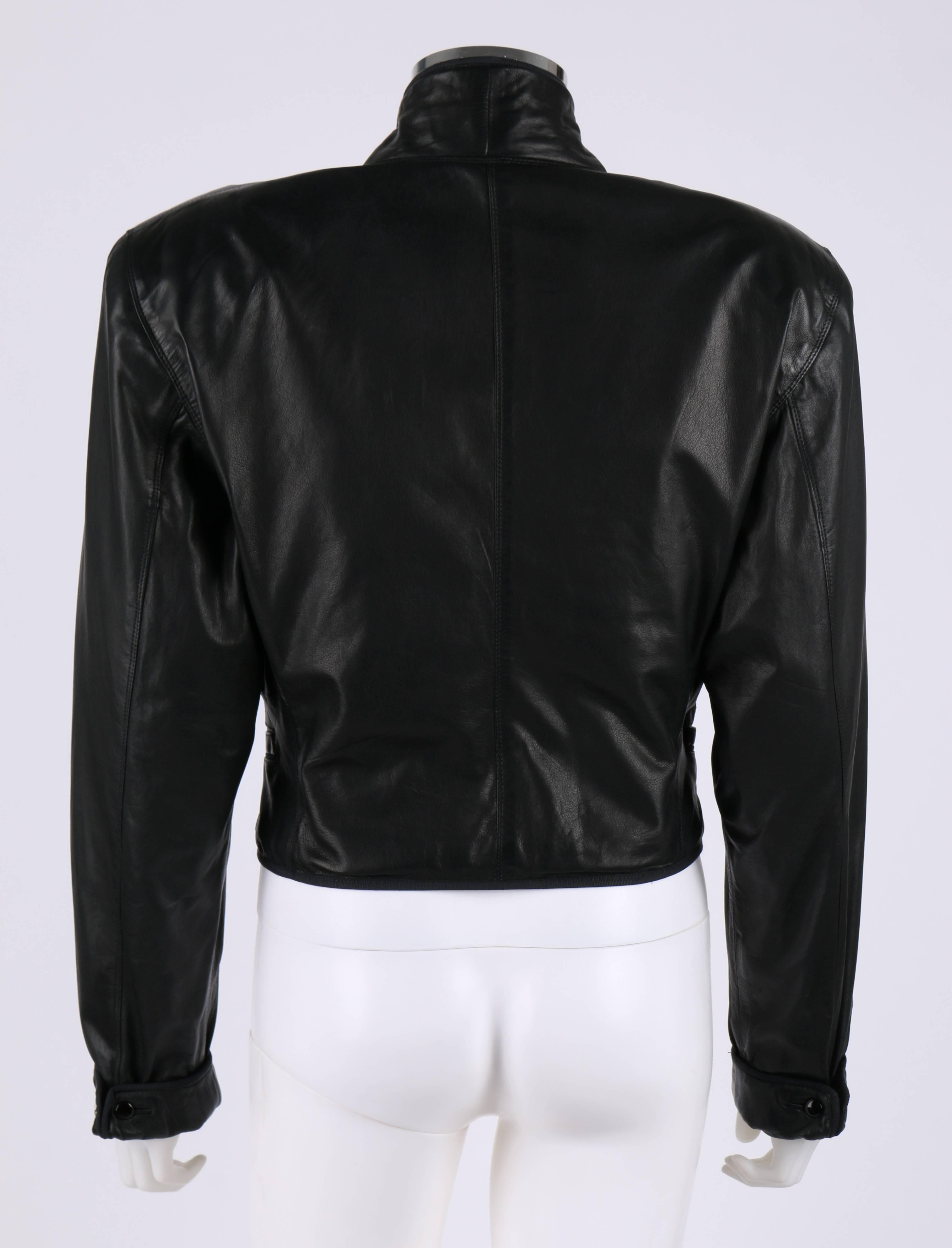 GIANNI VERSACE c.1980's Black Leather Cropped Blazer Jacket  In Good Condition For Sale In Thiensville, WI
