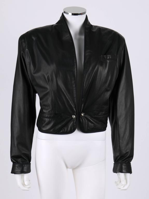 GIANNI VERSACE c.1980's Black Leather Cropped Blazer Jacket For Sale at ...