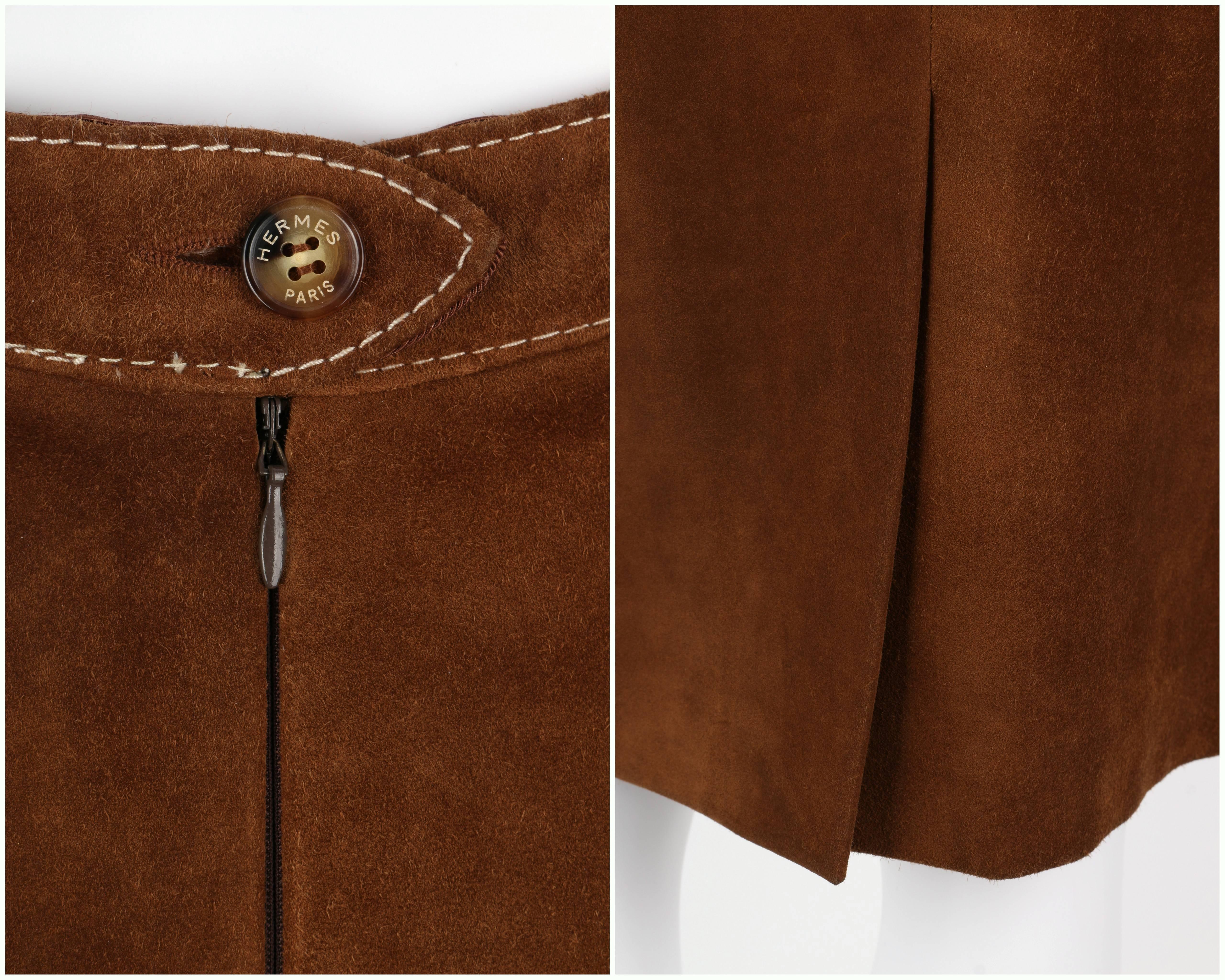 HERMES c.1970's Classic Brown Calfskin Suede Leather Pencil Skirt 3