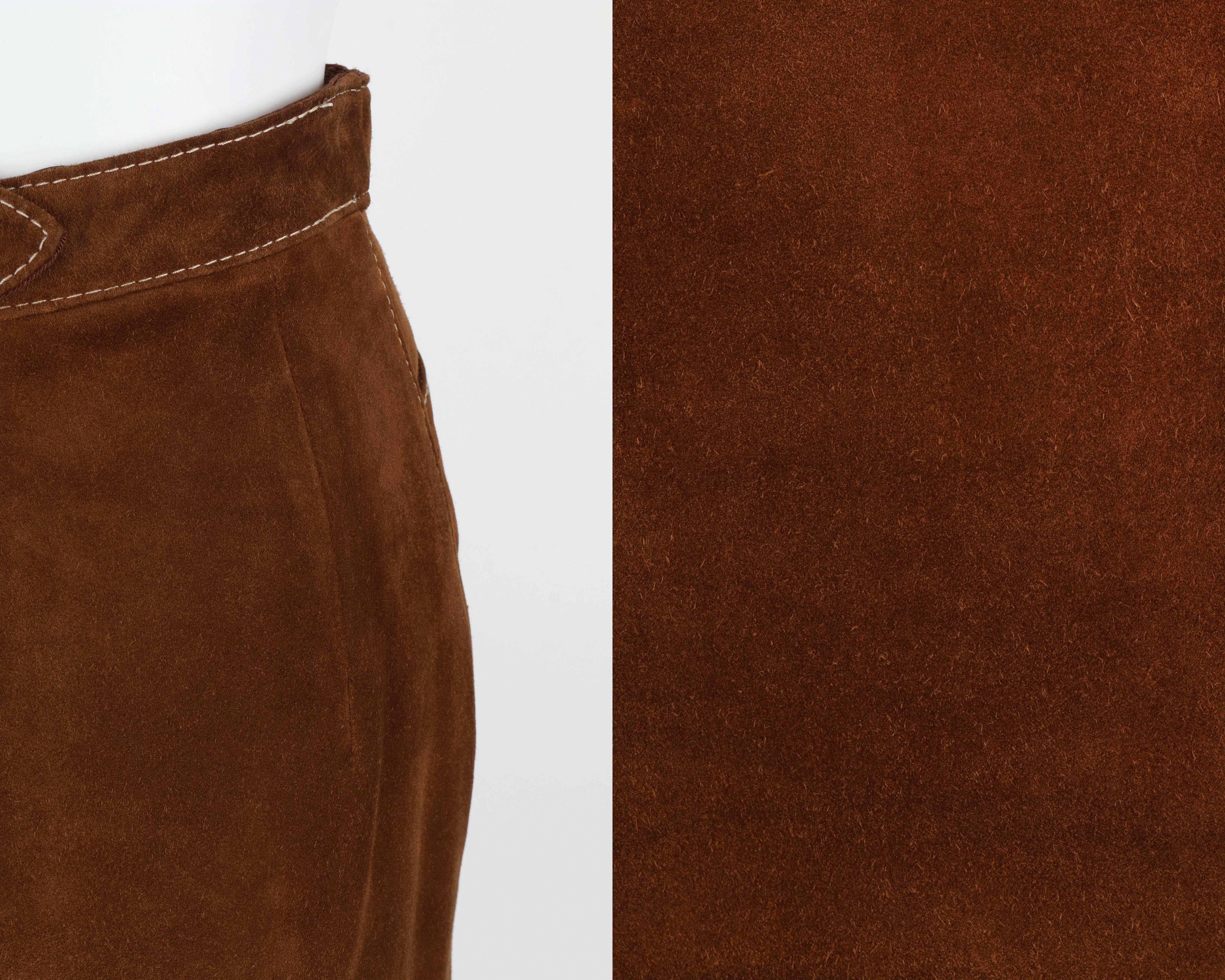 HERMES c.1970's Classic Brown Calfskin Suede Leather Pencil Skirt 2