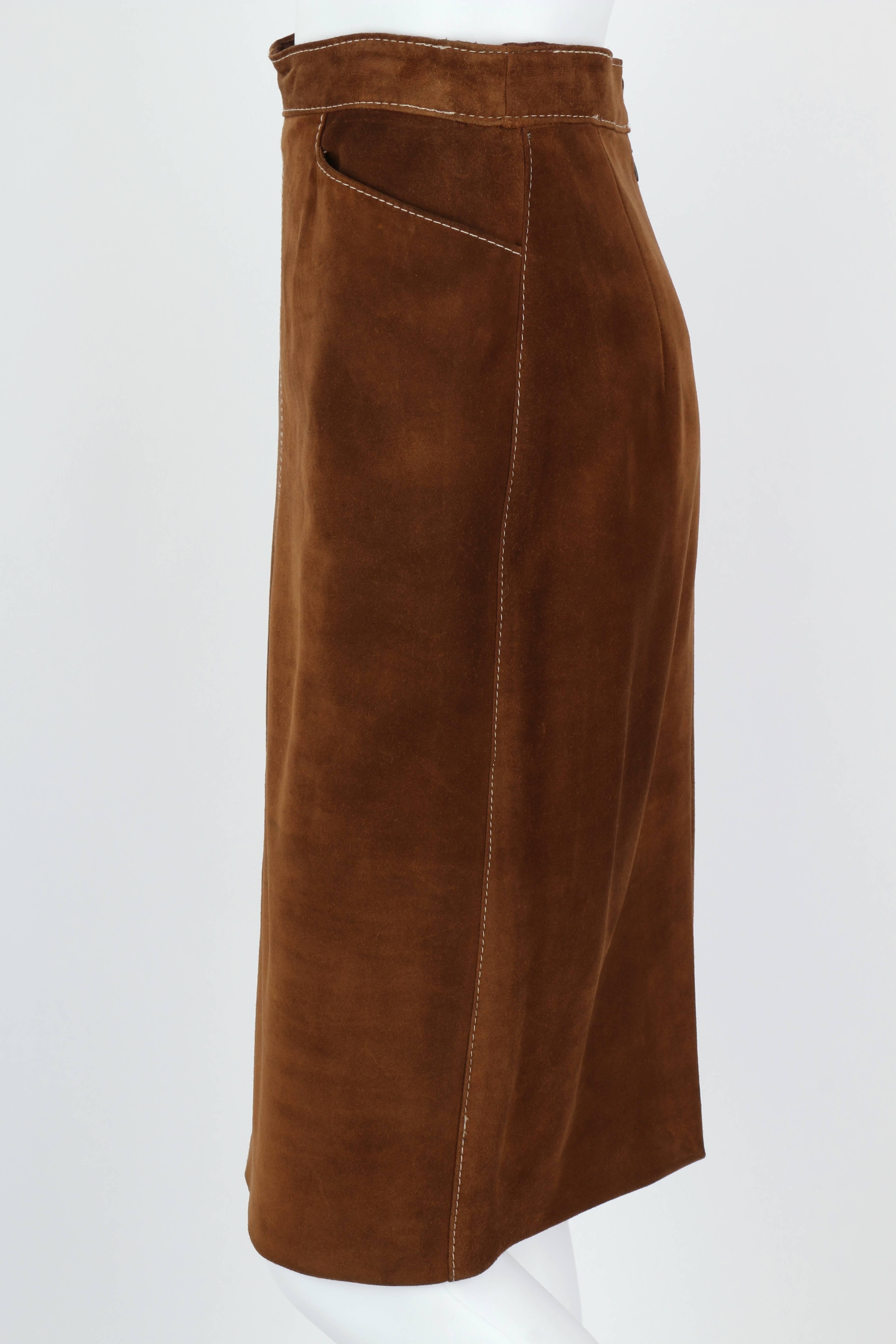 HERMES c.1970's Classic Brown Calfskin Suede Leather Pencil Skirt In Excellent Condition In Thiensville, WI