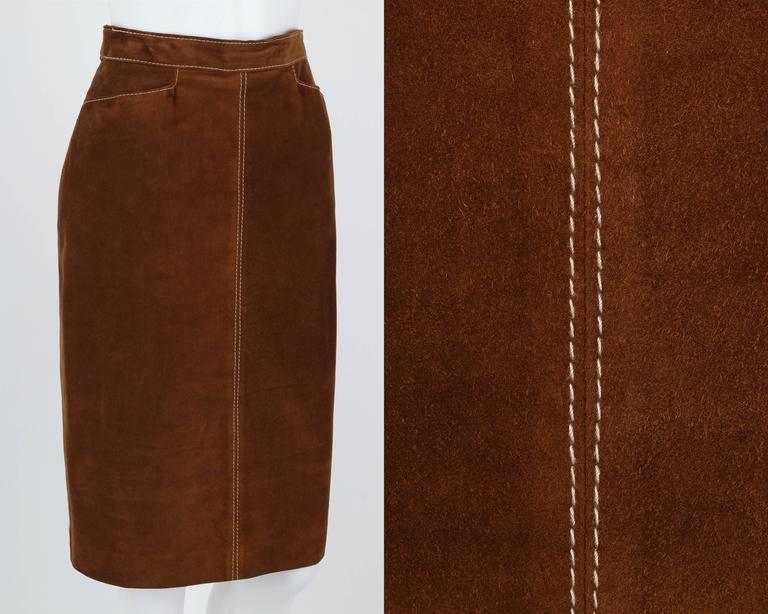 HERMES c.1970's Classic Brown Calfskin Suede Leather Pencil Skirt For ...