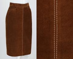HERMES c.1970's Classic Brown Calfskin Suede Leather Pencil Skirt
