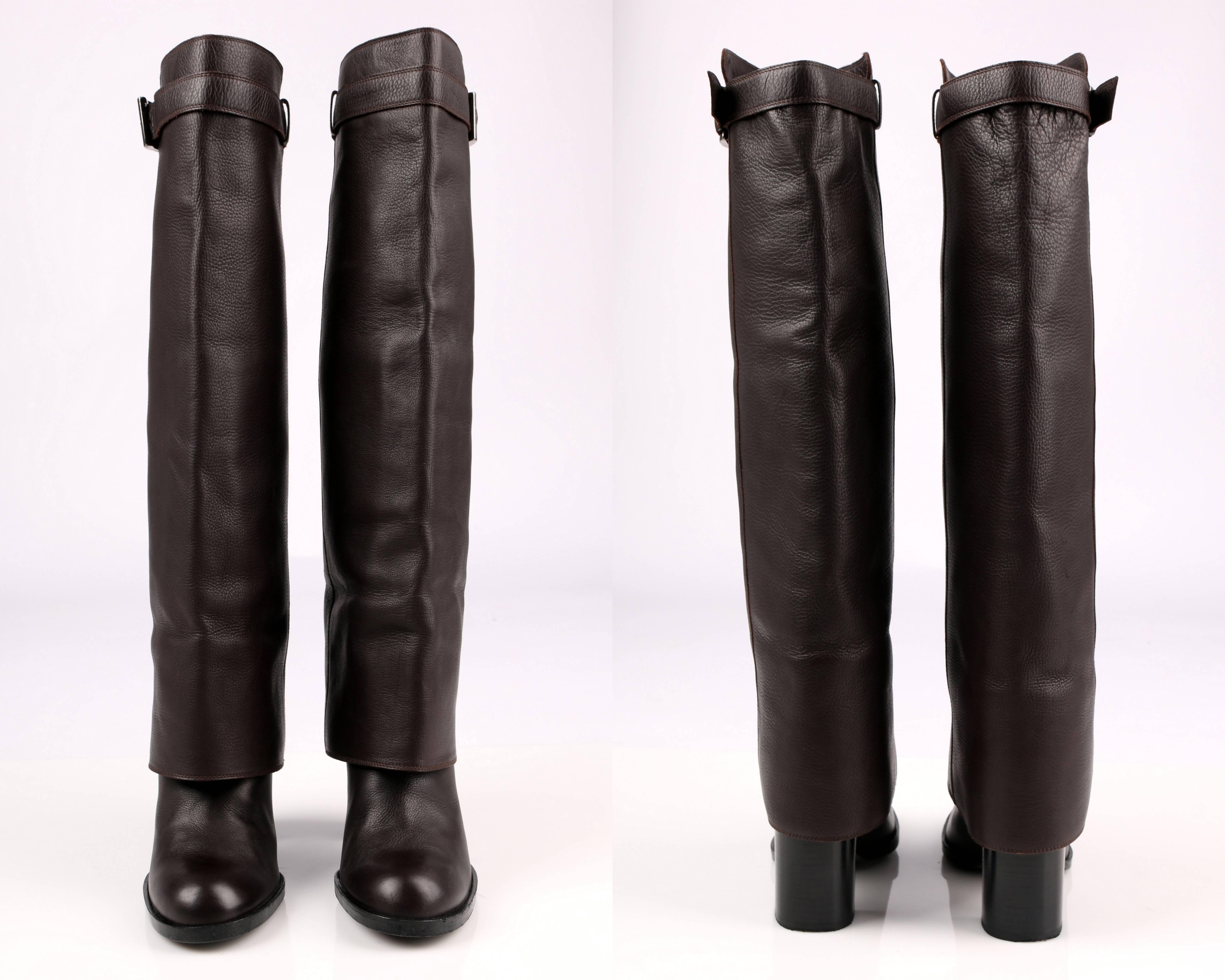 CHANEL Brown Leather Fold-Over Knee High Boots In Good Condition In Thiensville, WI