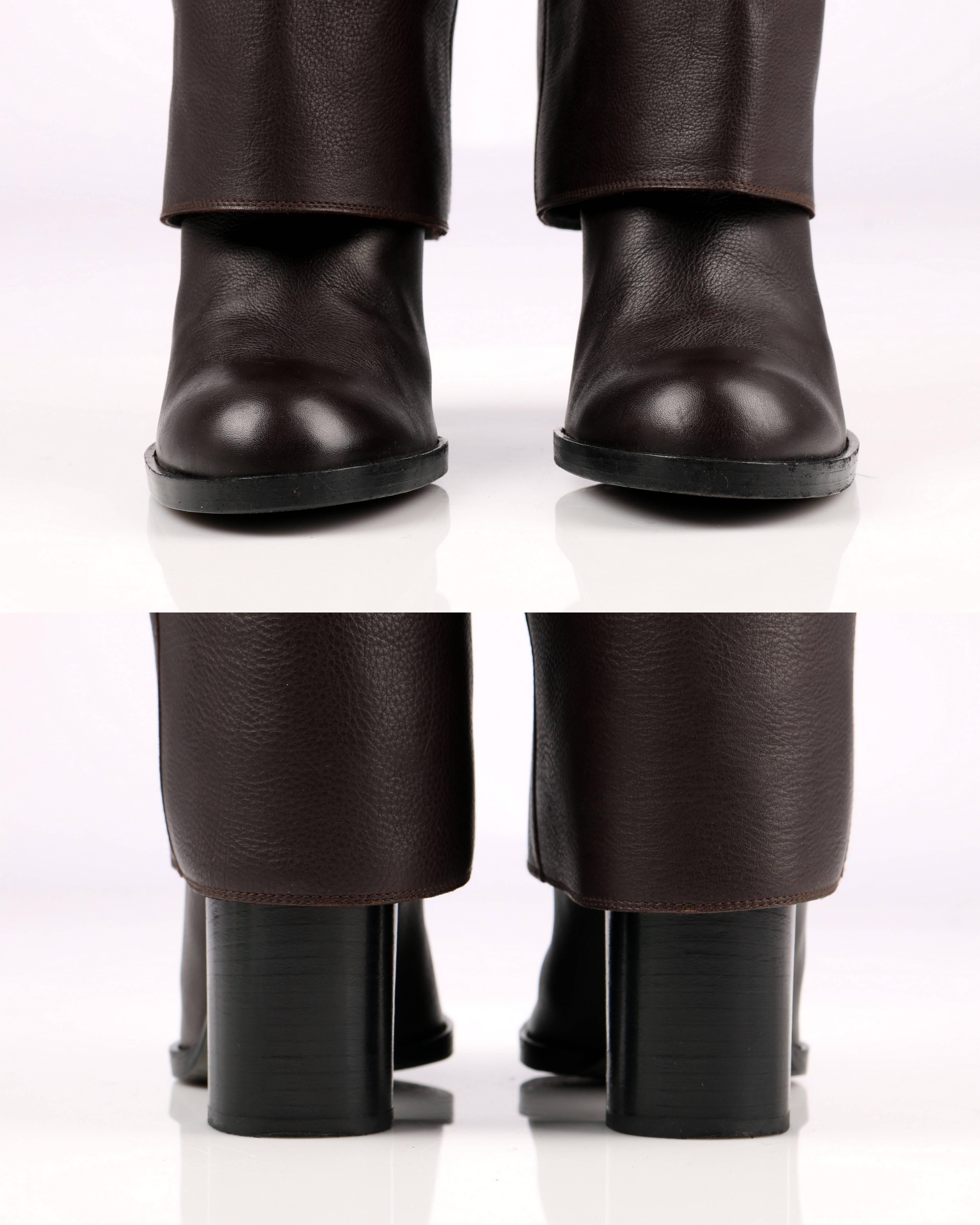 Black CHANEL Brown Leather Fold-Over Knee High Boots