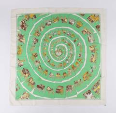 HERMES c.1976 Philippe Ledoux "Carrosserie" Green Carriage Print Silk Scarf