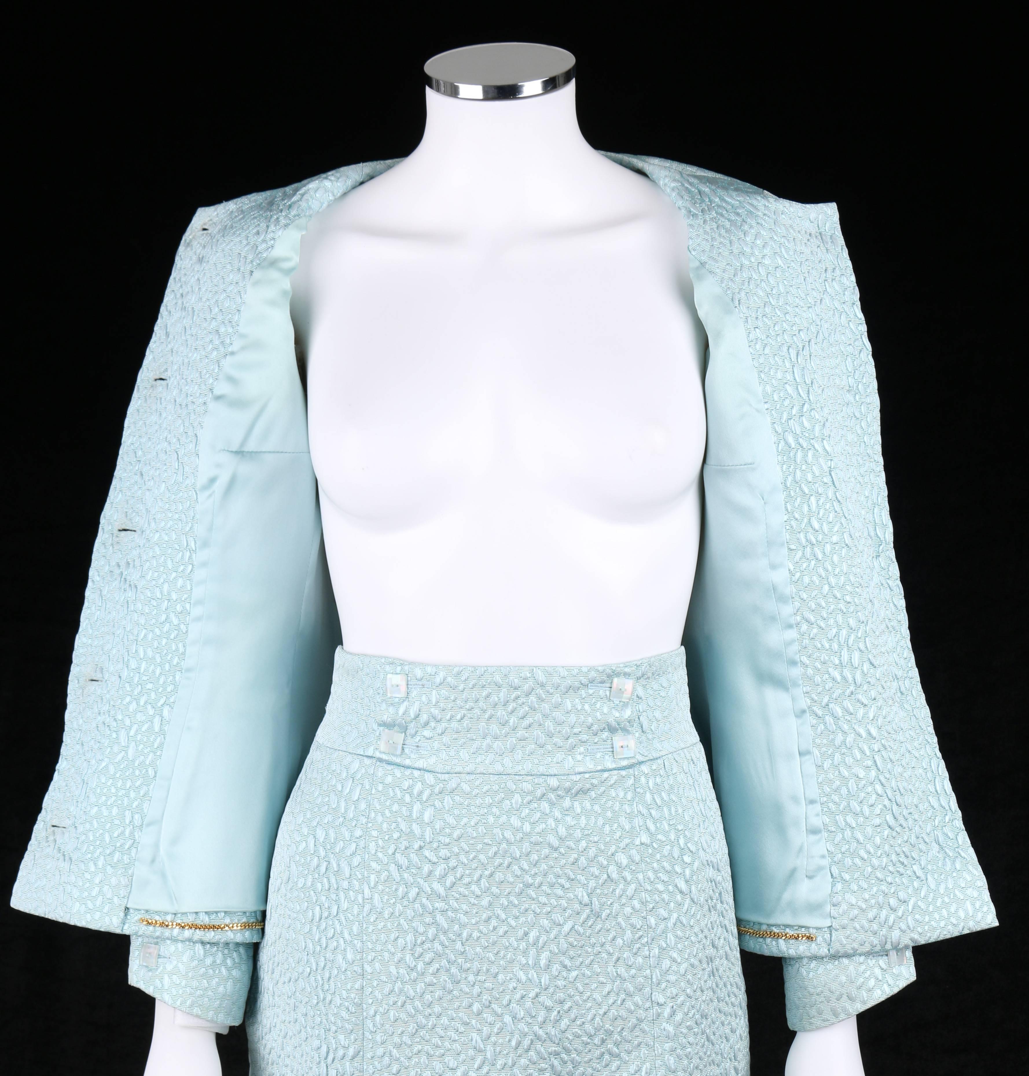 Women's CHANEL Boutique c.1980's Light Blue Metallic Matelasse Blazer Skirt Suit