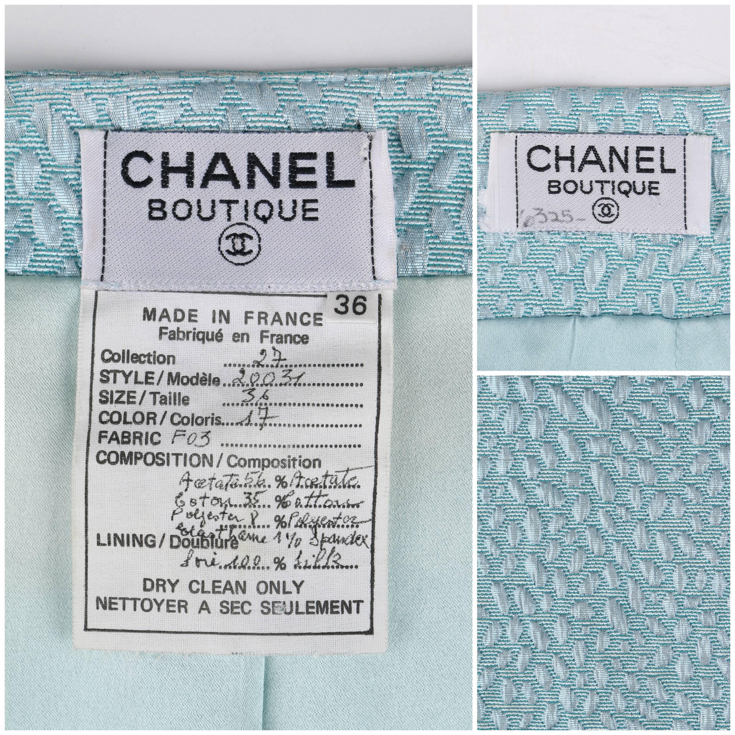 CHANEL Boutique c.1980's Light Blue Metallic Matelasse Blazer Skirt Suit 2
