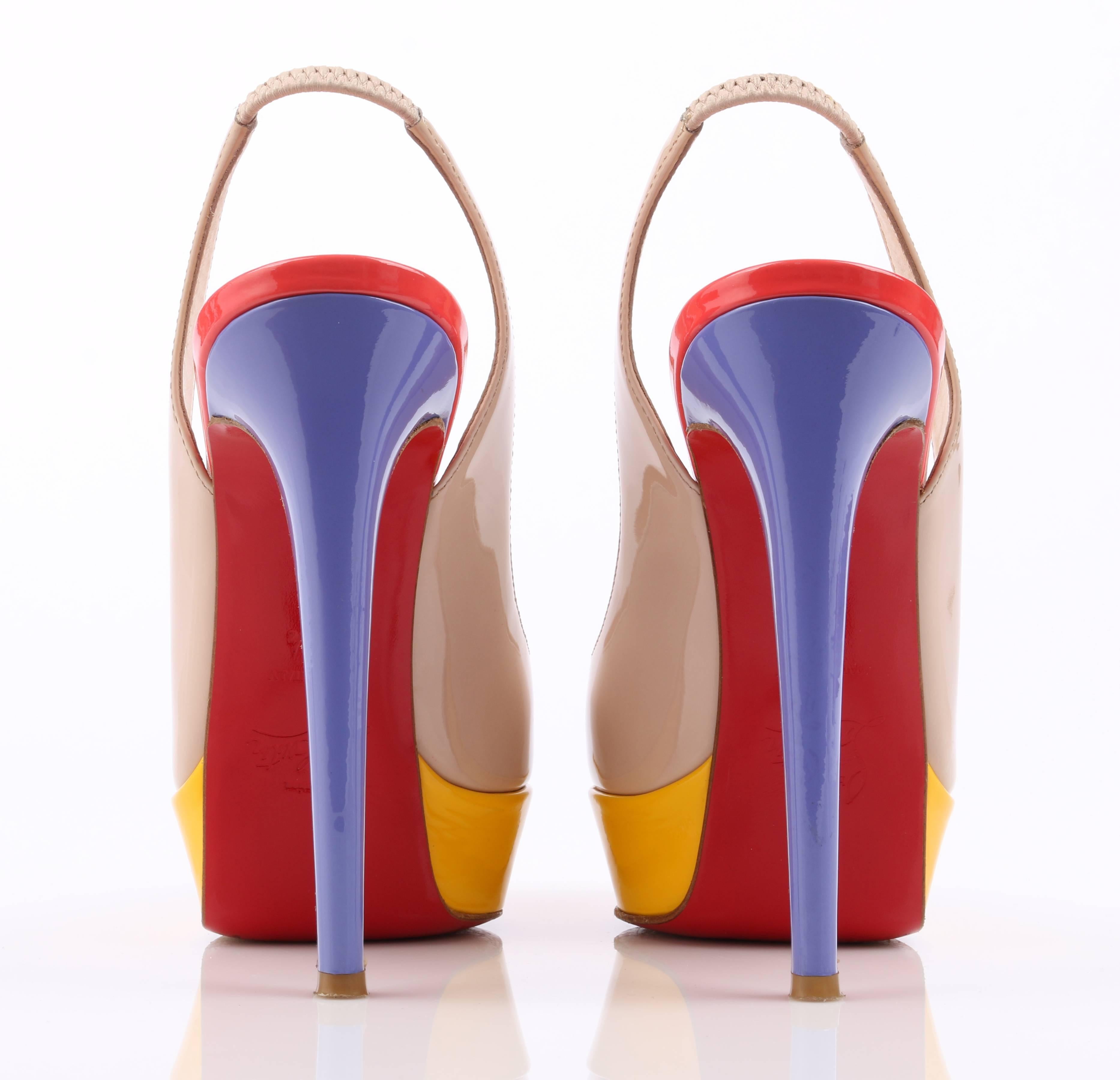 CHRISTIAN LOUBOUTIN Bianca Multi Color Slingback Platform Pumps High Heels Shoes In Good Condition In Thiensville, WI