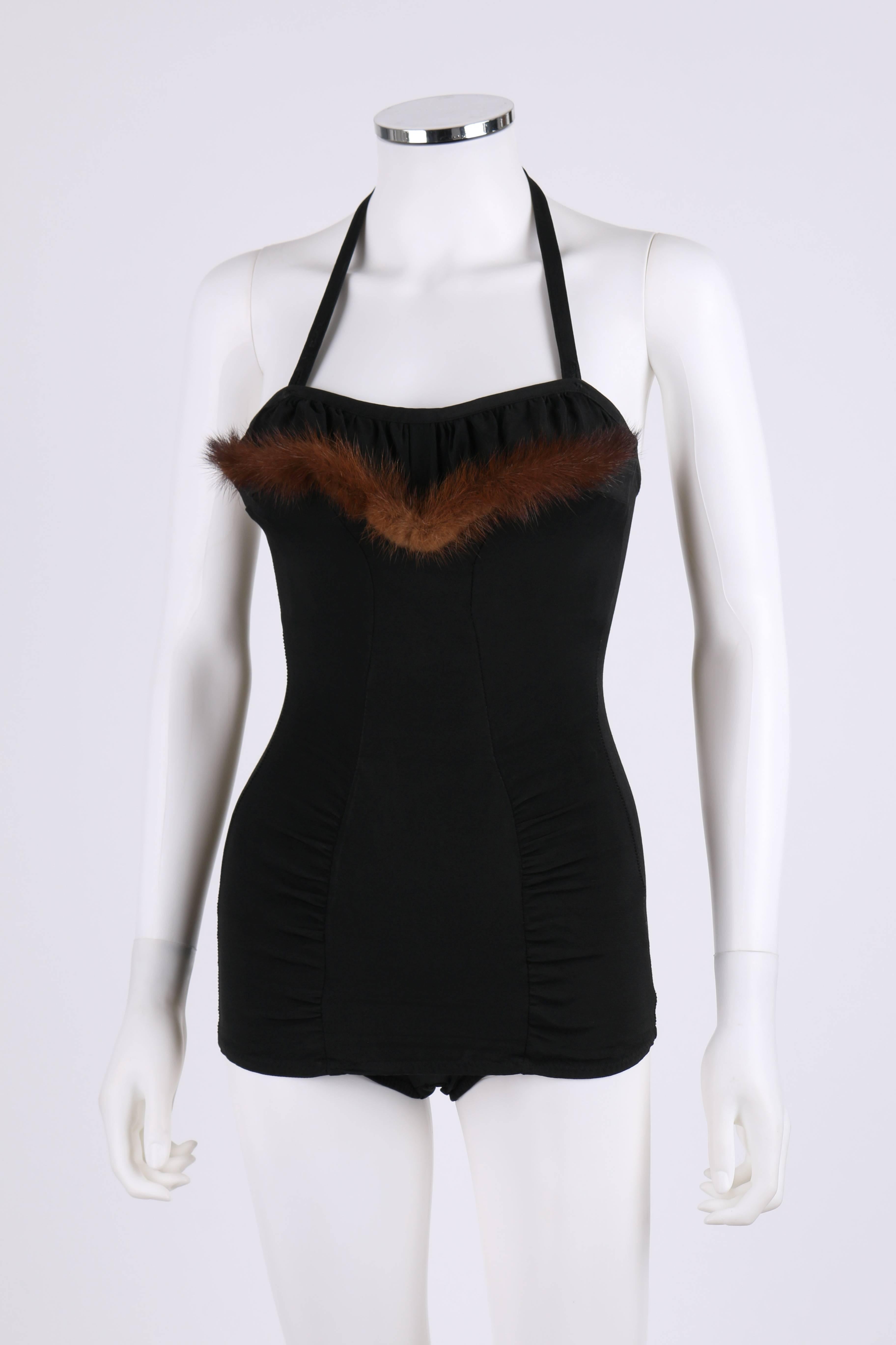 COUTURE c.1950's One Piece Mink Trim Pin-Up Bathing Swim Suit In Excellent Condition In Thiensville, WI