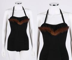 COUTURE c.1950's One Piece Mink Trim Pin-Up Bathing Swim Suit