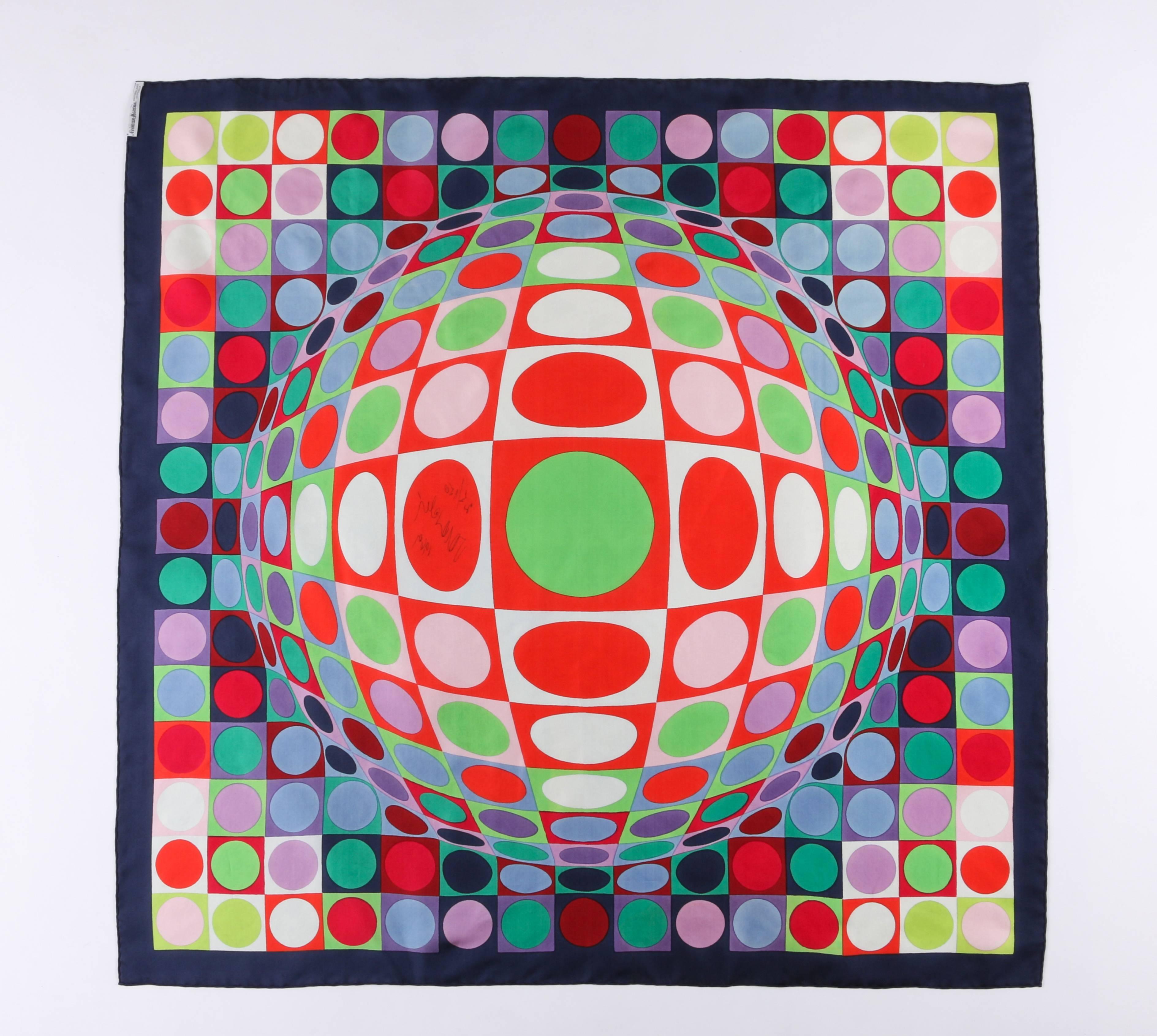 Victor Vasarely c.1969 "Vega MC Positive" op art scarf designed for Neiman Marcus. Limited edition & Numbered. Geometric op art silk screened print in shades of white, red, green, navy, and purple. Signed, dated, and numbered "25/150