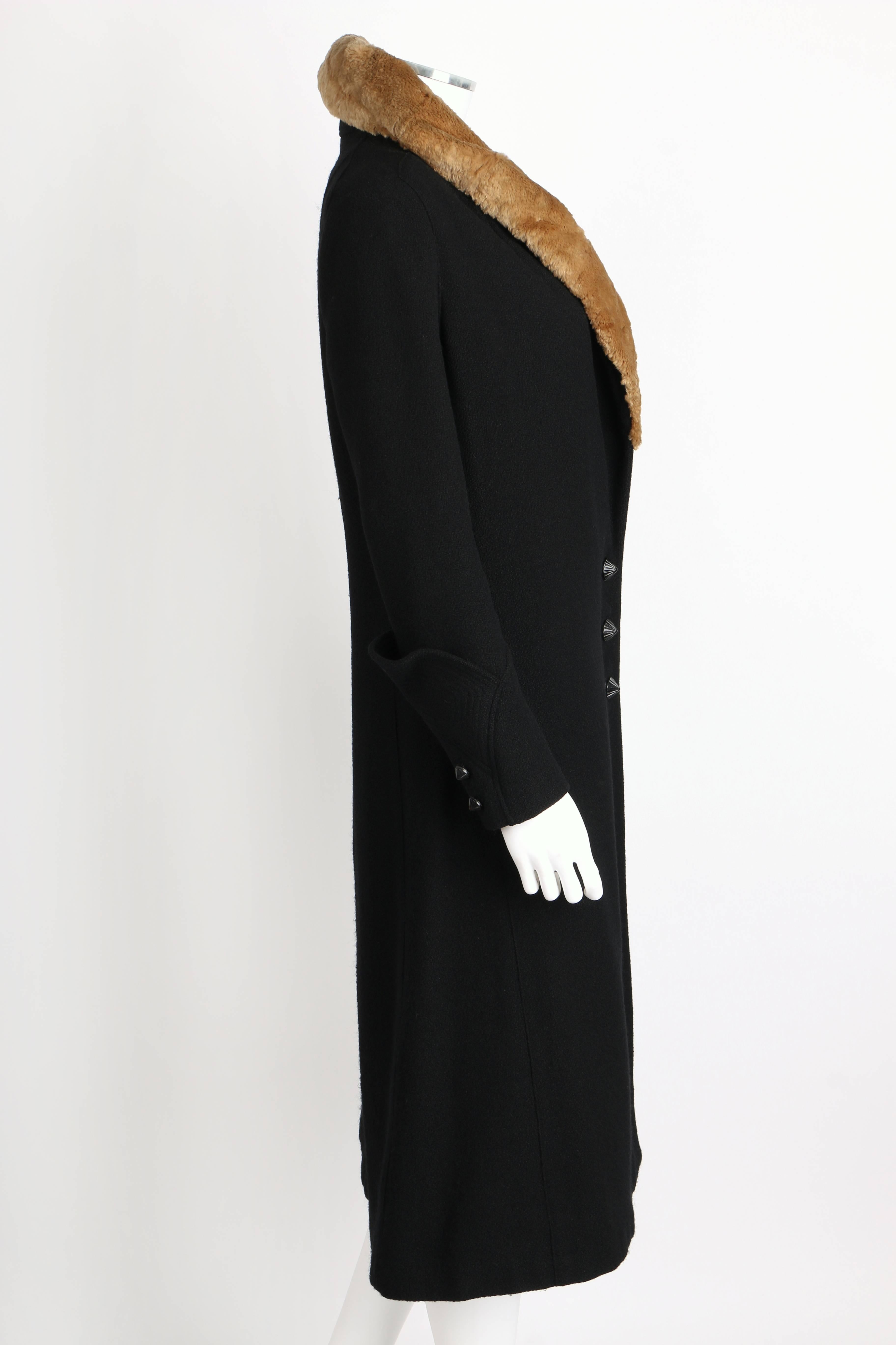 MILLER c.1910s Edwardian Black Wool Sheared Beaver Fur Art Deco Embroidered Coat In Good Condition In Thiensville, WI