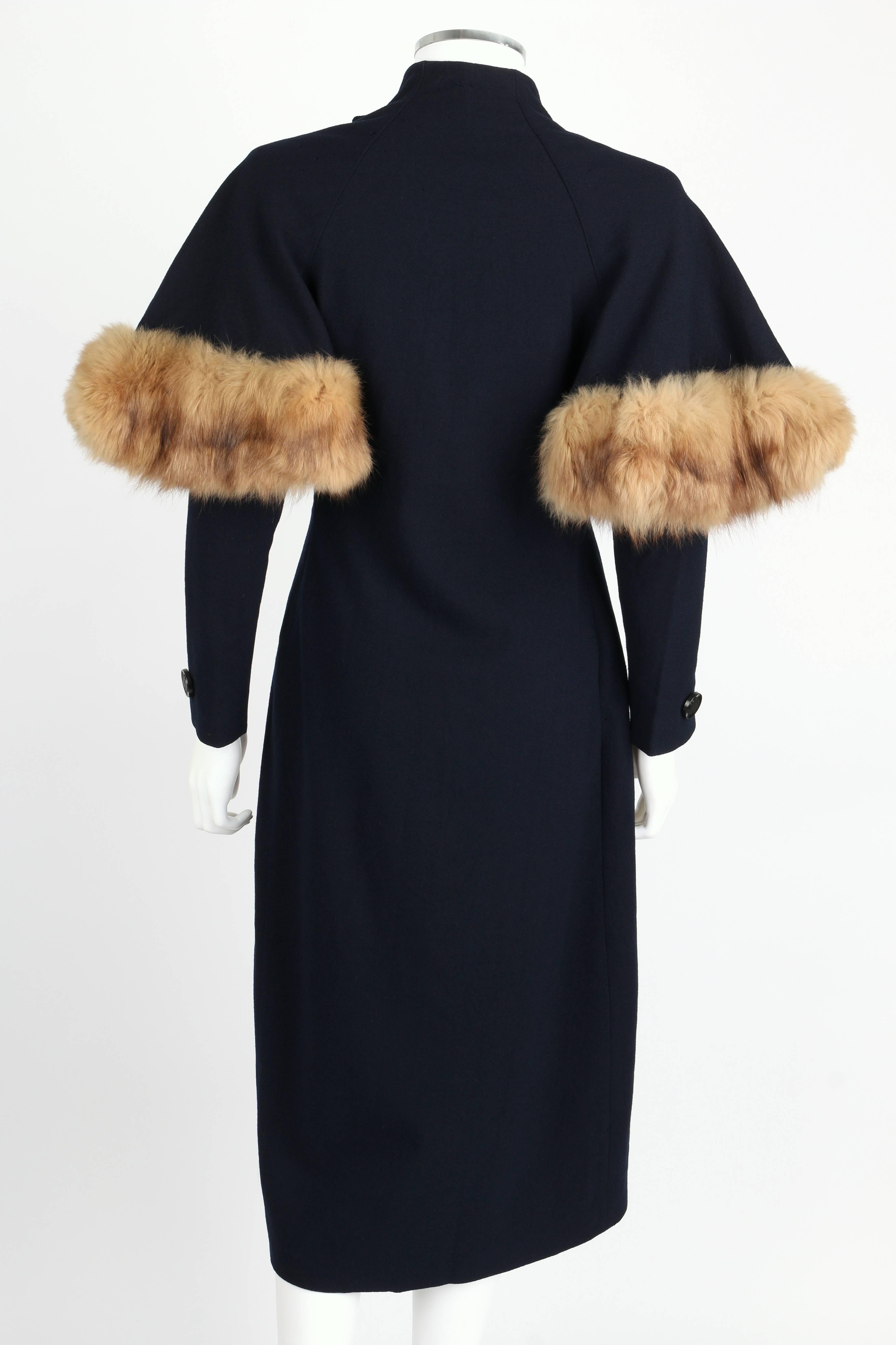 Black COUTURE 1930's WWII Era Navy Blue Asymmetrical Wool Coat Genuine Fox Fur Trim
