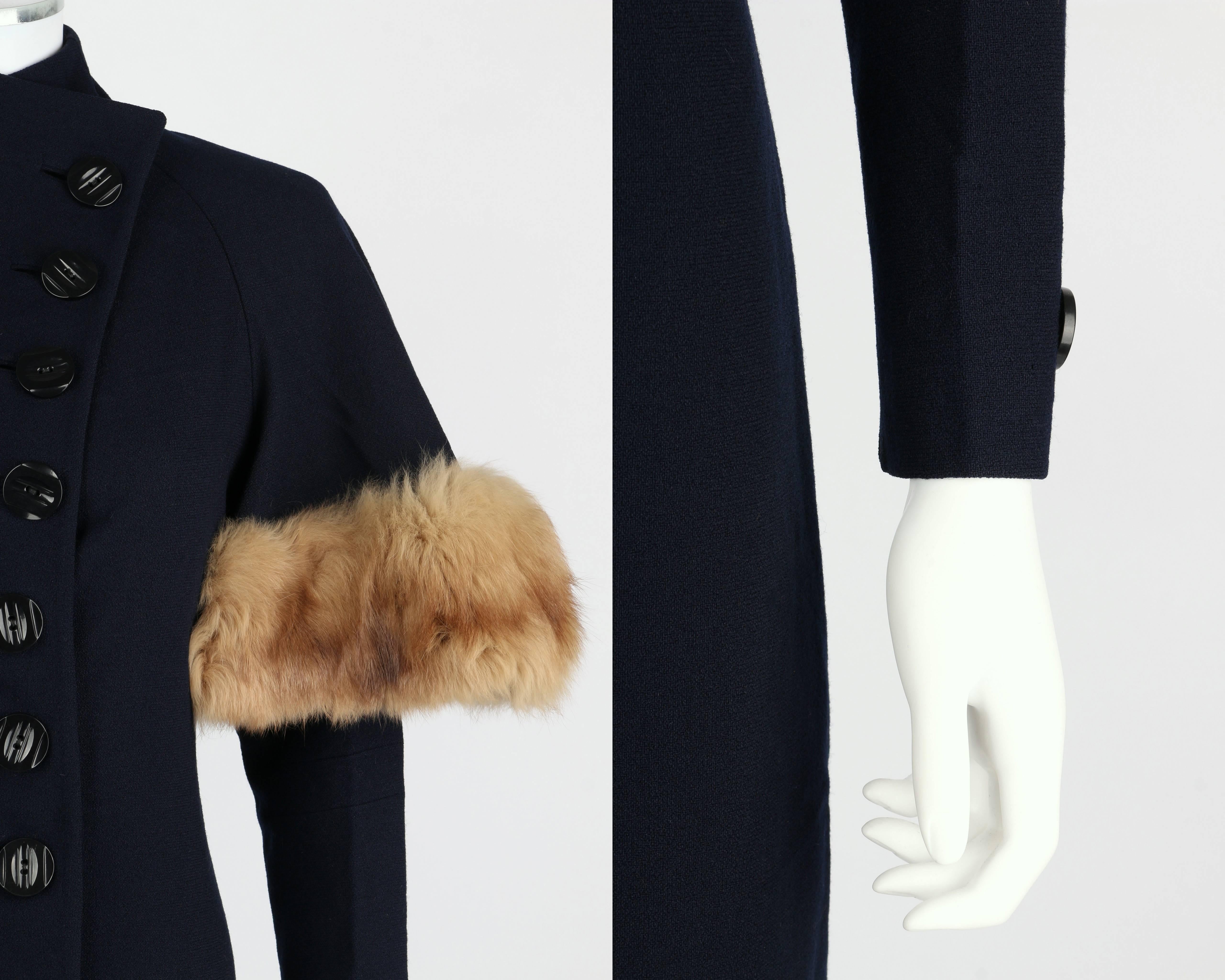 COUTURE 1930's WWII Era Navy Blue Asymmetrical Wool Coat Genuine Fox Fur Trim 2