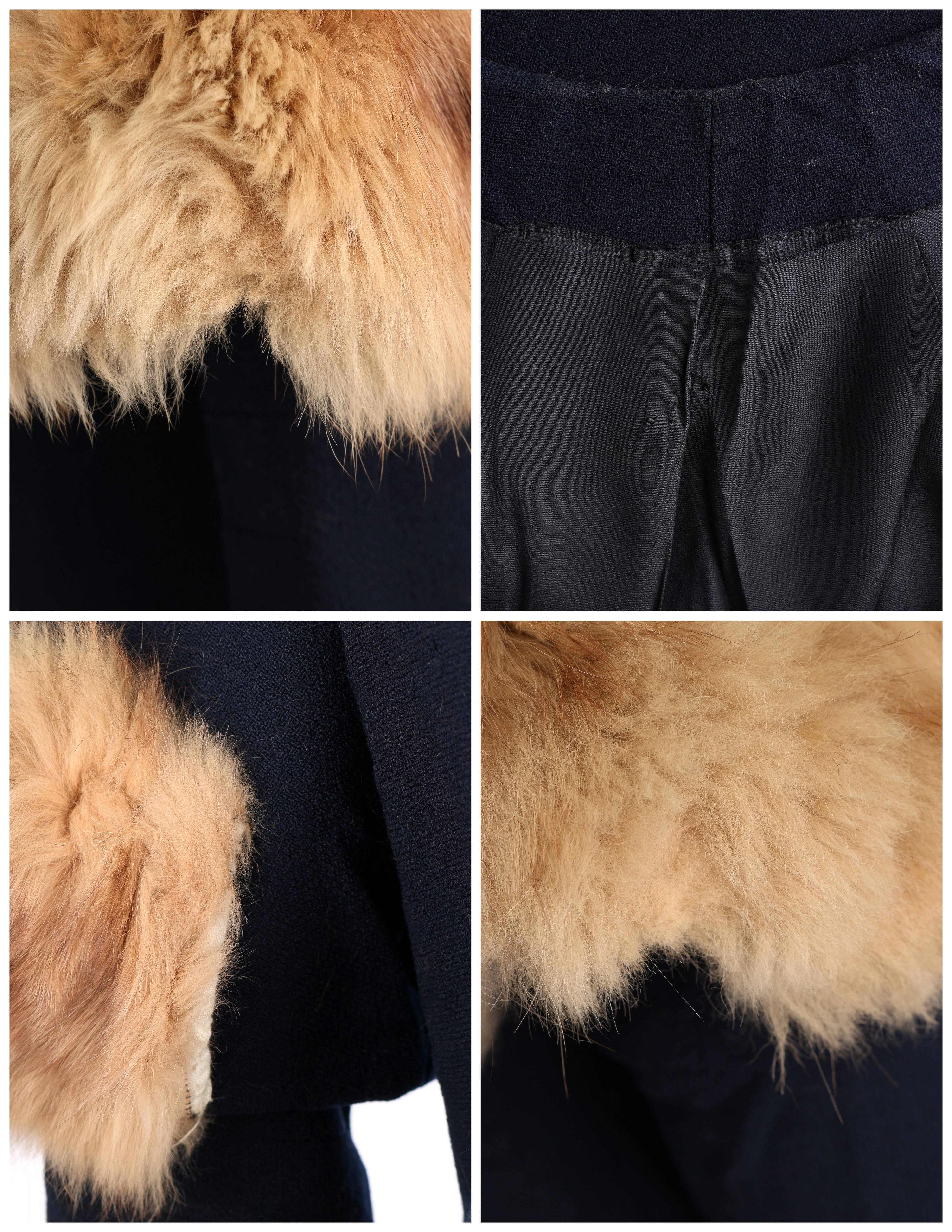 COUTURE 1930's WWII Era Navy Blue Asymmetrical Wool Coat Genuine Fox Fur Trim 4