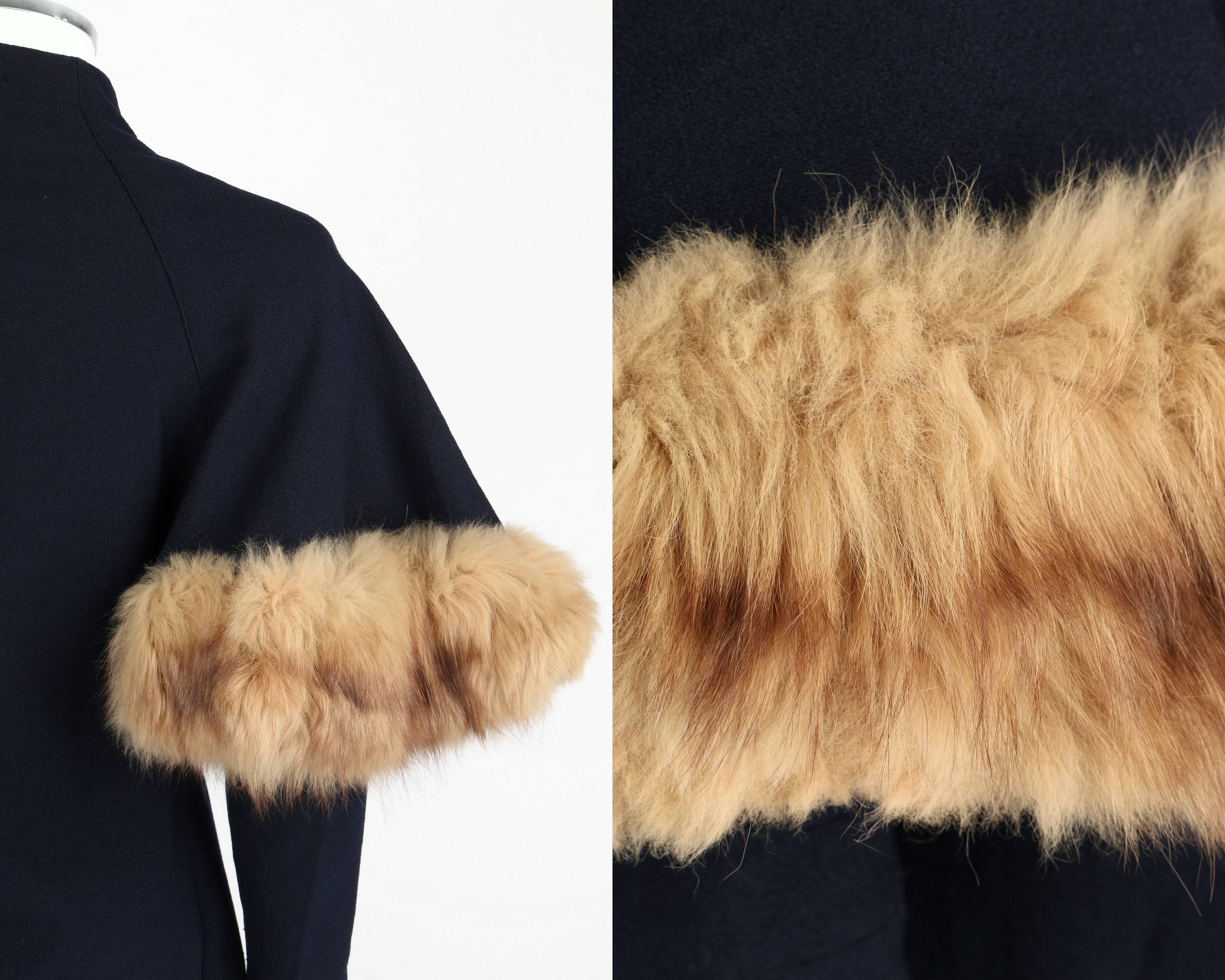COUTURE 1930's WWII Era Navy Blue Asymmetrical Wool Coat Genuine Fox Fur Trim 3