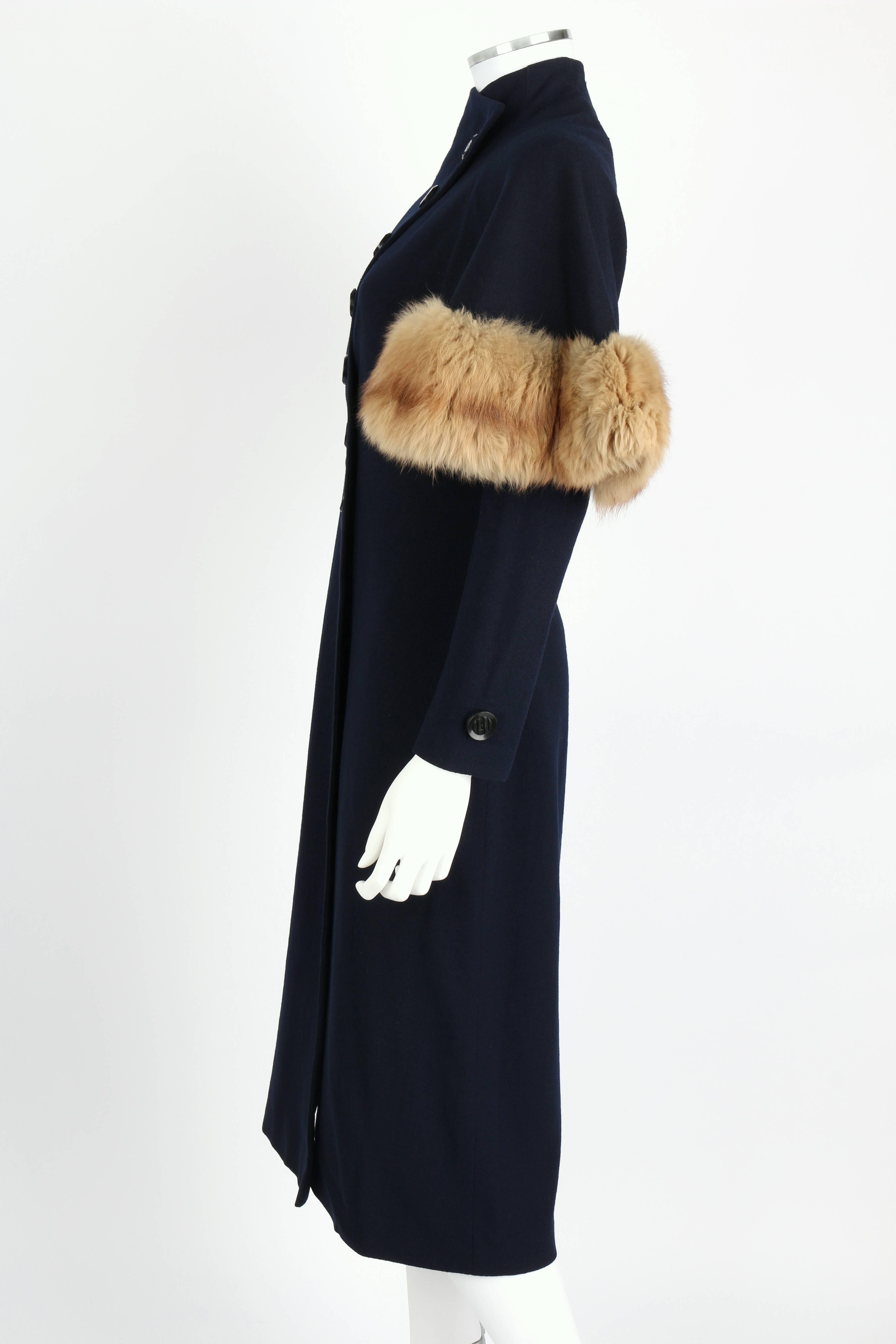 Women's COUTURE 1930's WWII Era Navy Blue Asymmetrical Wool Coat Genuine Fox Fur Trim