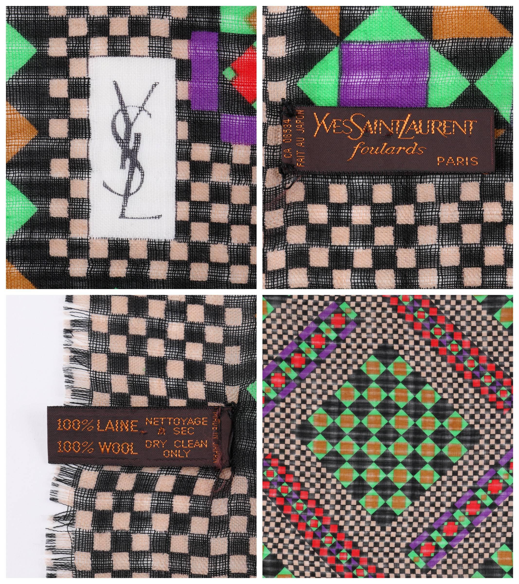 YVES SAINT LAURENT Foulards c.1980's YSL Multicolor Geometric Print Wool Scarf  1
