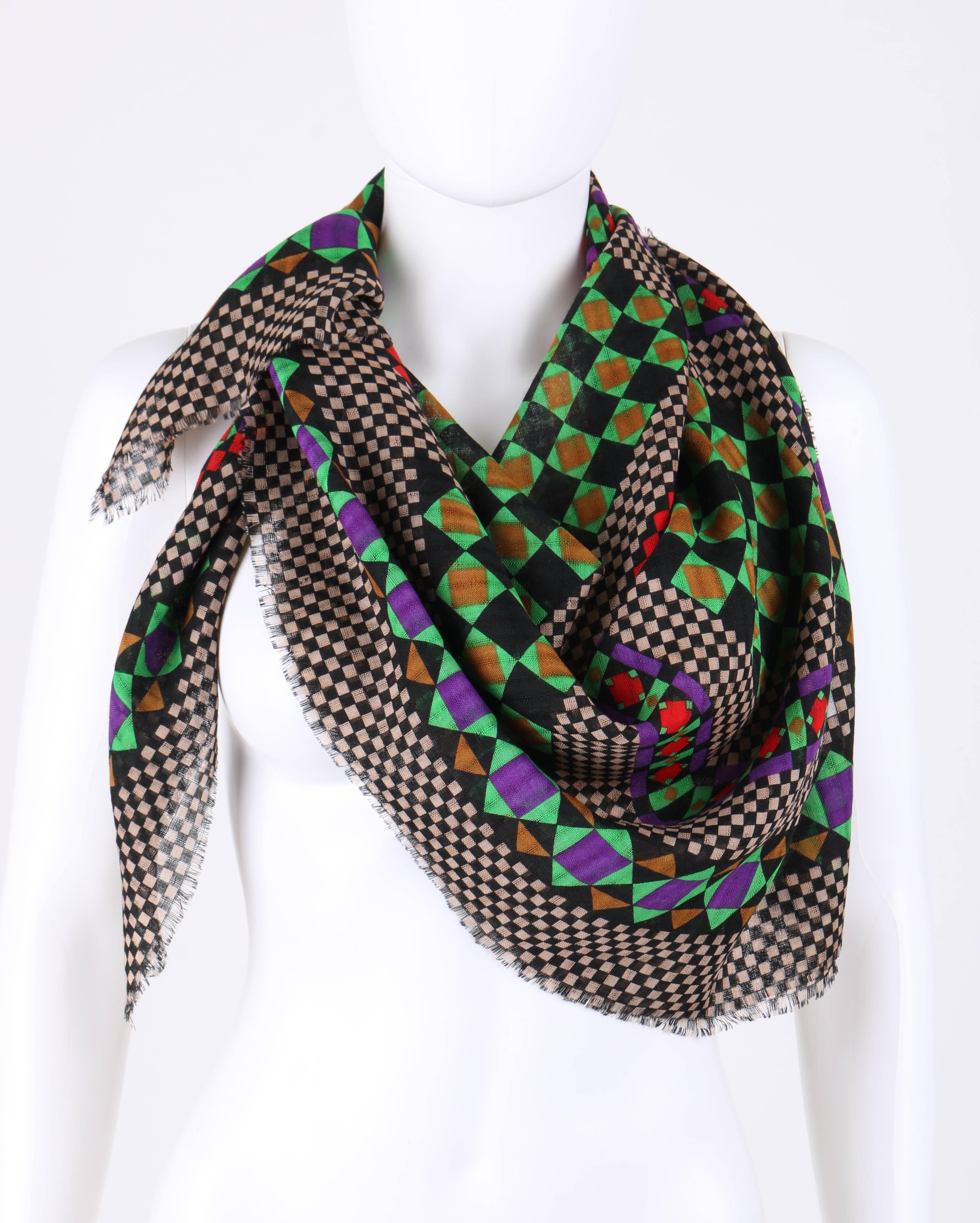 Black YVES SAINT LAURENT Foulards c.1980's YSL Multicolor Geometric Print Wool Scarf 