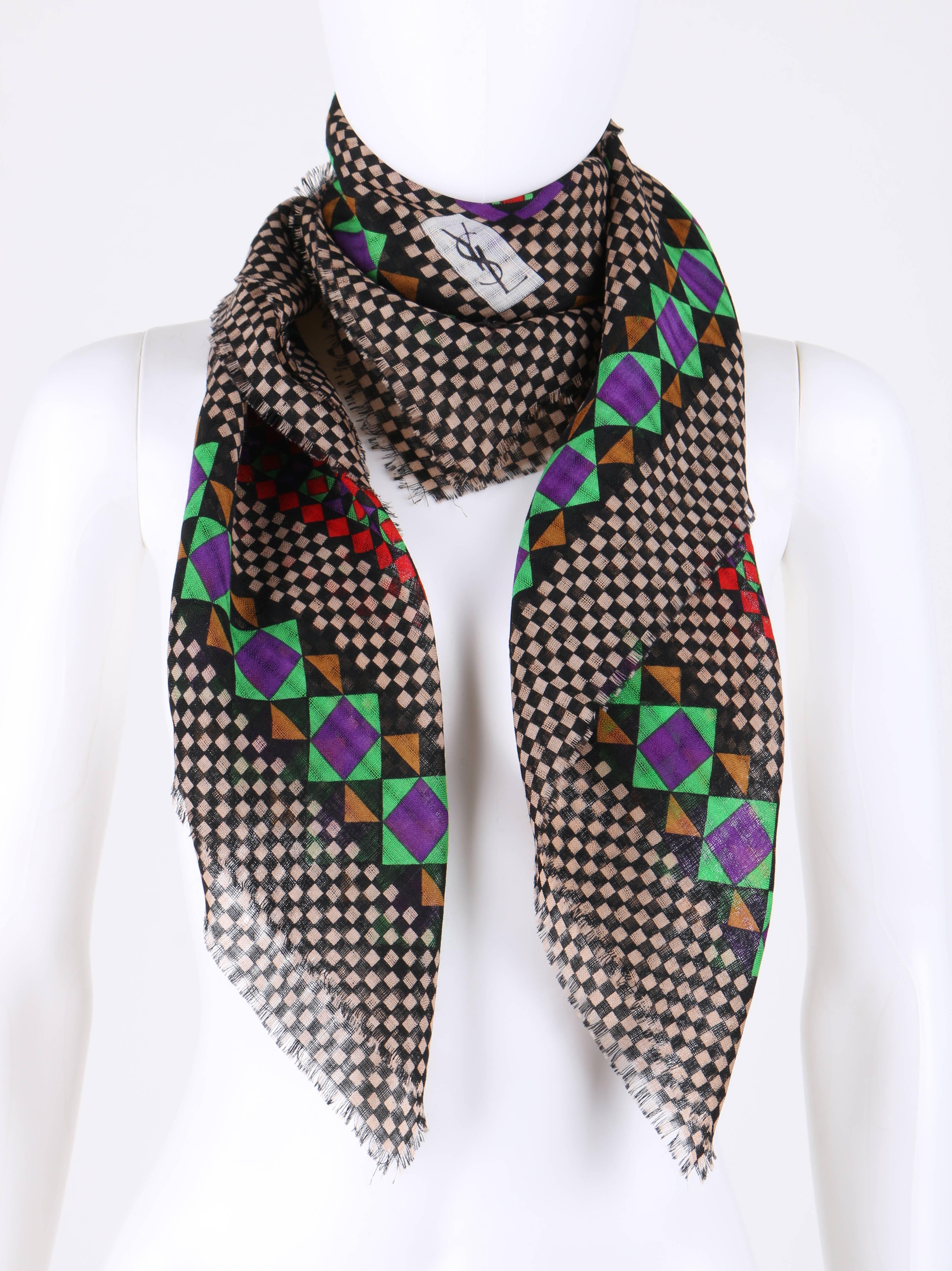 YVES SAINT LAURENT Foulards c.1980's YSL Multicolor Geometric Print Wool Scarf  In Excellent Condition In Thiensville, WI
