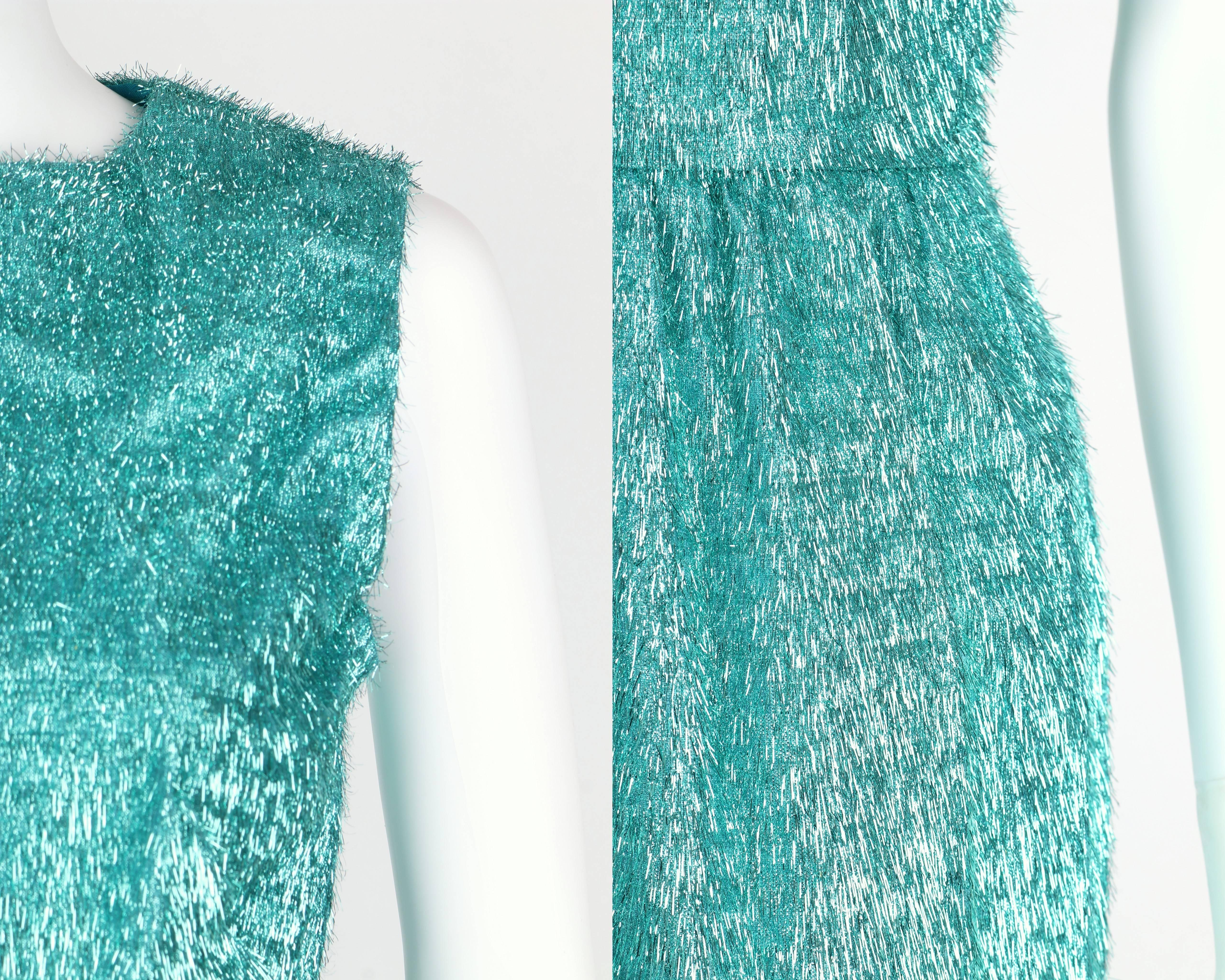 COUTURE c.1960's Turquoise Blue Metallic Tinsel Cocktail Party Shift Dress For Sale 1