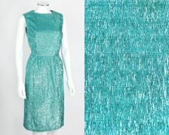 COUTURE c.1960's Turquoise Blue Metallic Tinsel Cocktail Party Shift Dress
