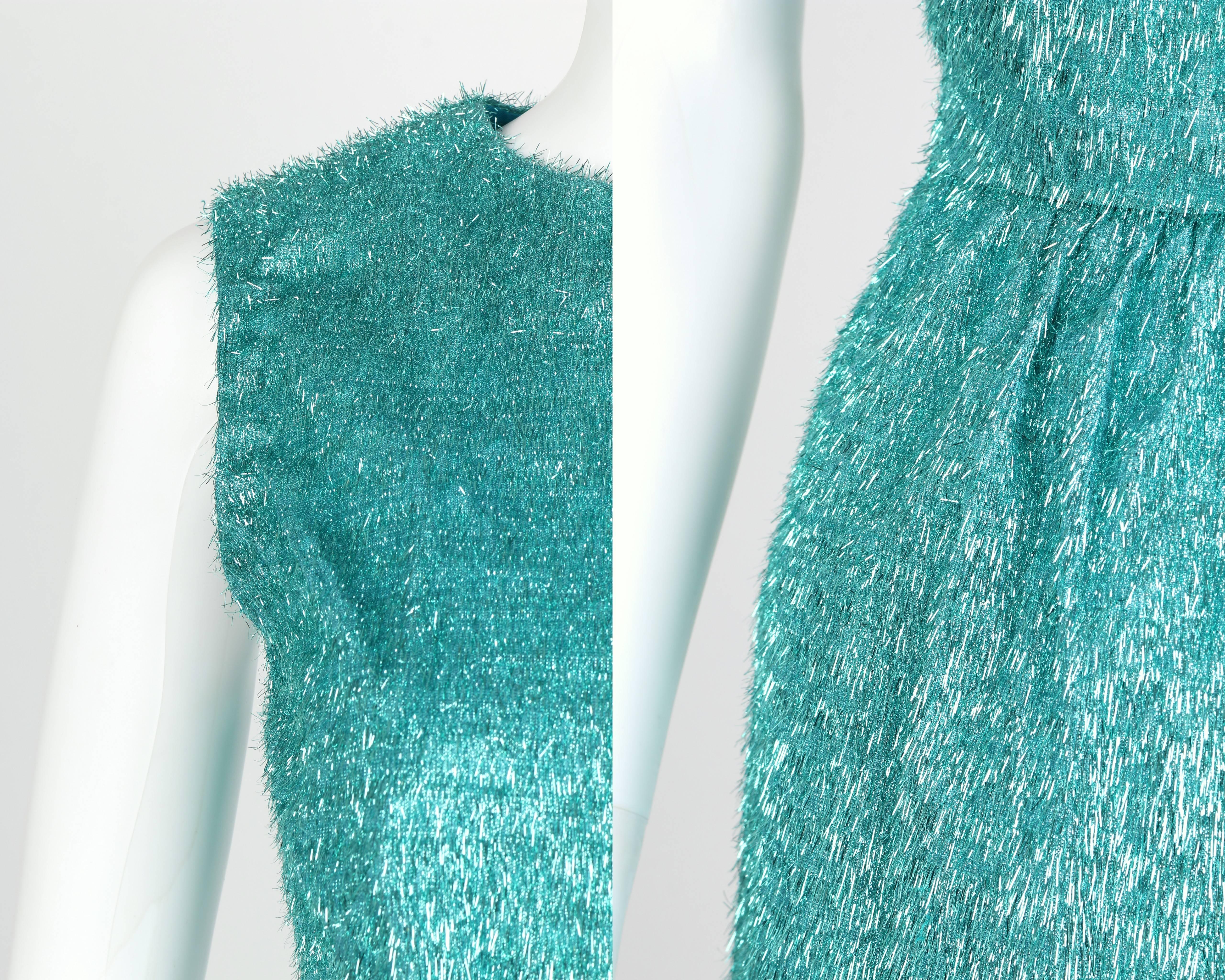 Women's COUTURE c.1960's Turquoise Blue Metallic Tinsel Cocktail Party Shift Dress For Sale