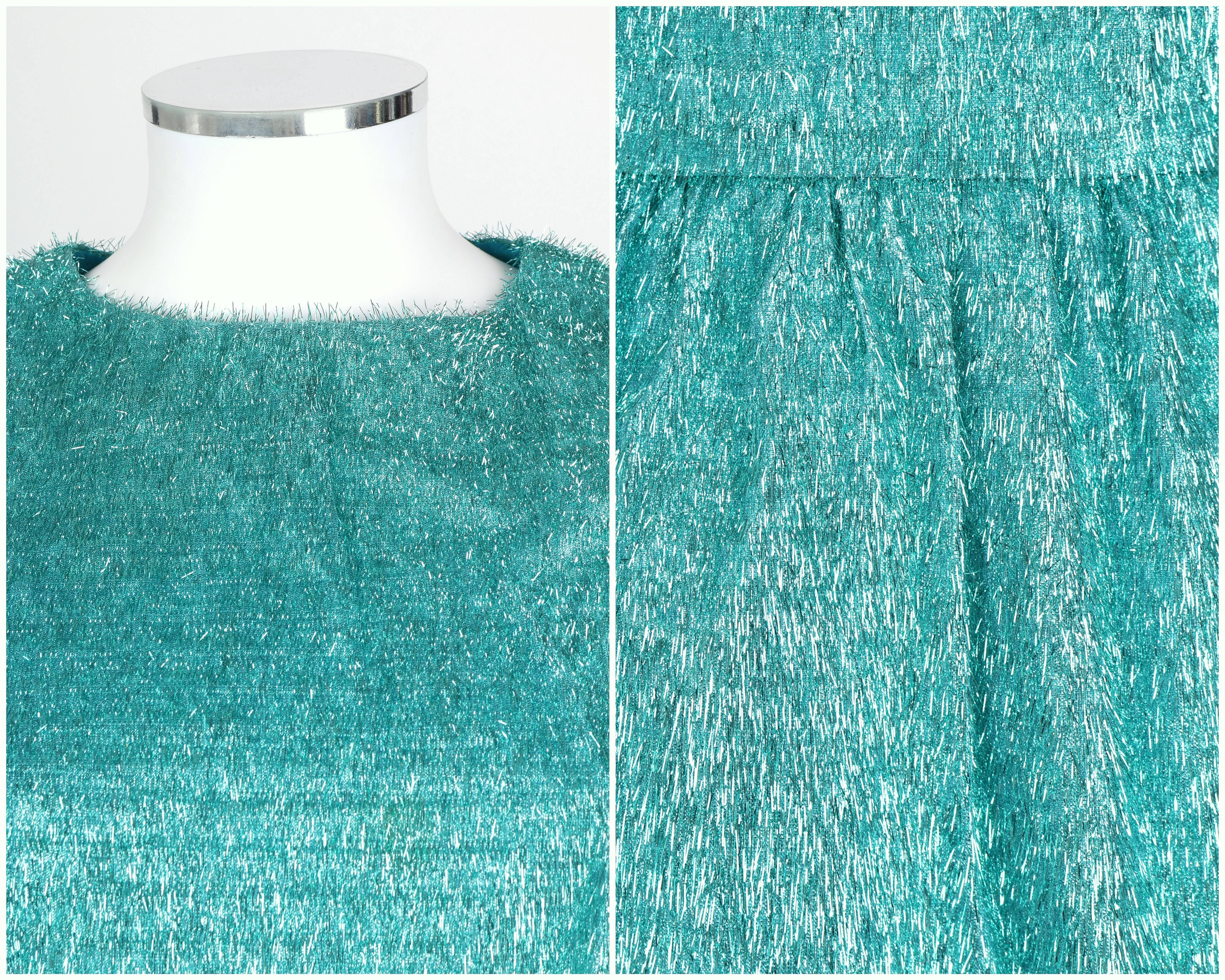 COUTURE c.1960's Turquoise Blue Metallic Tinsel Cocktail Party Shift Dress In Good Condition For Sale In Thiensville, WI