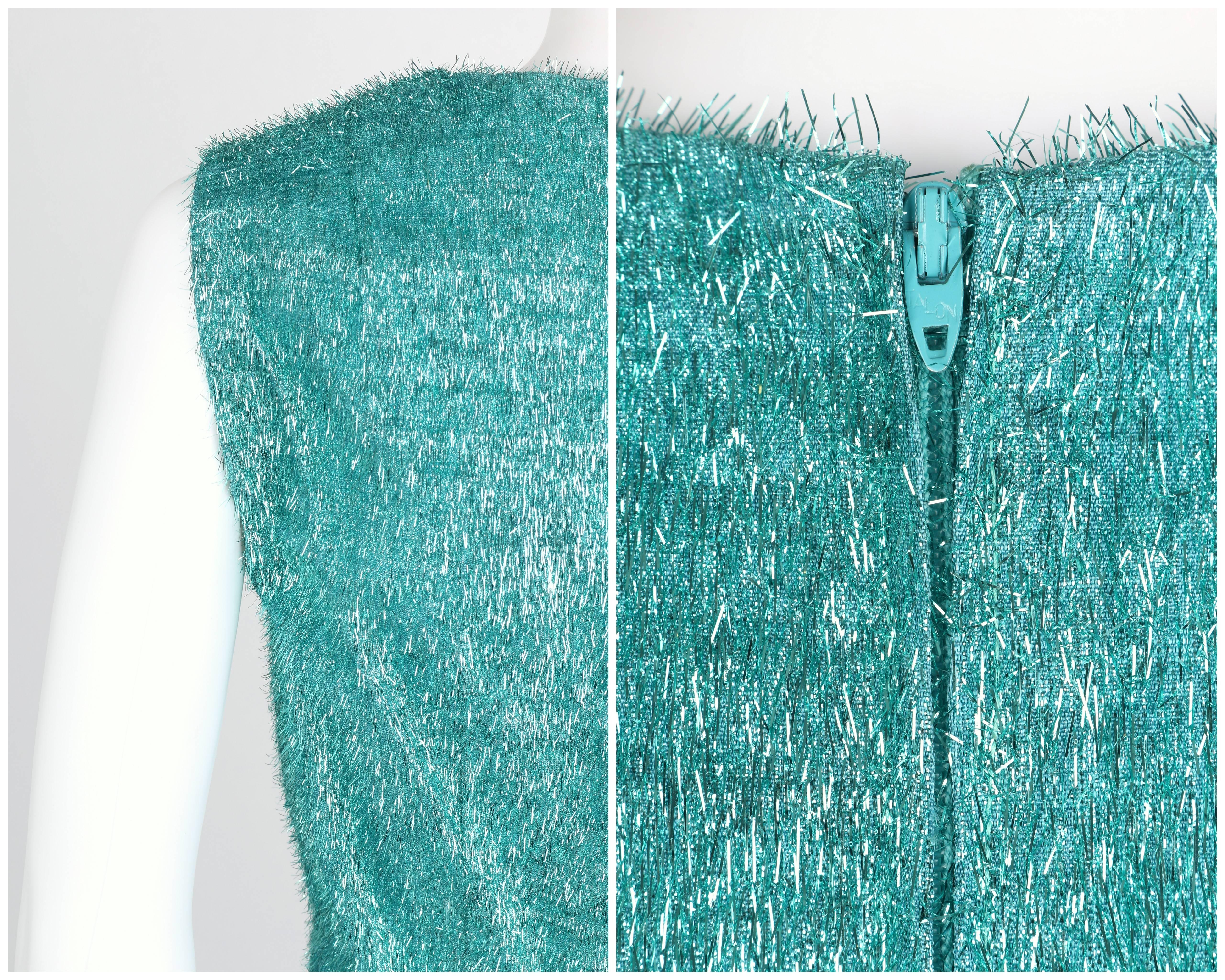 COUTURE c.1960's Turquoise Blue Metallic Tinsel Cocktail Party Shift Dress For Sale 2
