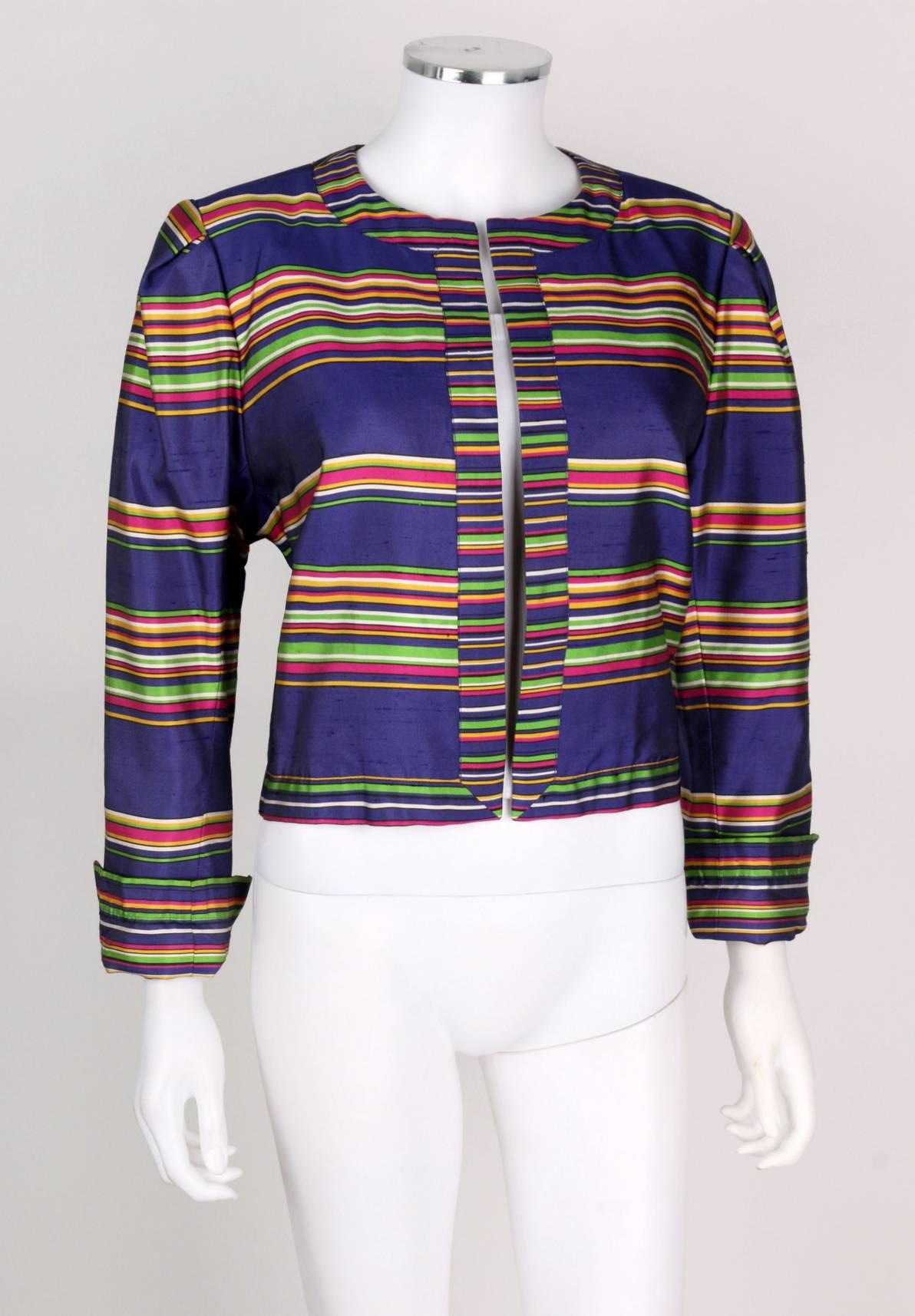 Yves Saint Laurent Cruise 1991 multicolor striped jacket. Horizontal striped pattern in shades of magenta, golden yellow, green, purple, and white. Open front style. Scoop neckline. Long sleeves with slit at cuff. Matching striped trim around