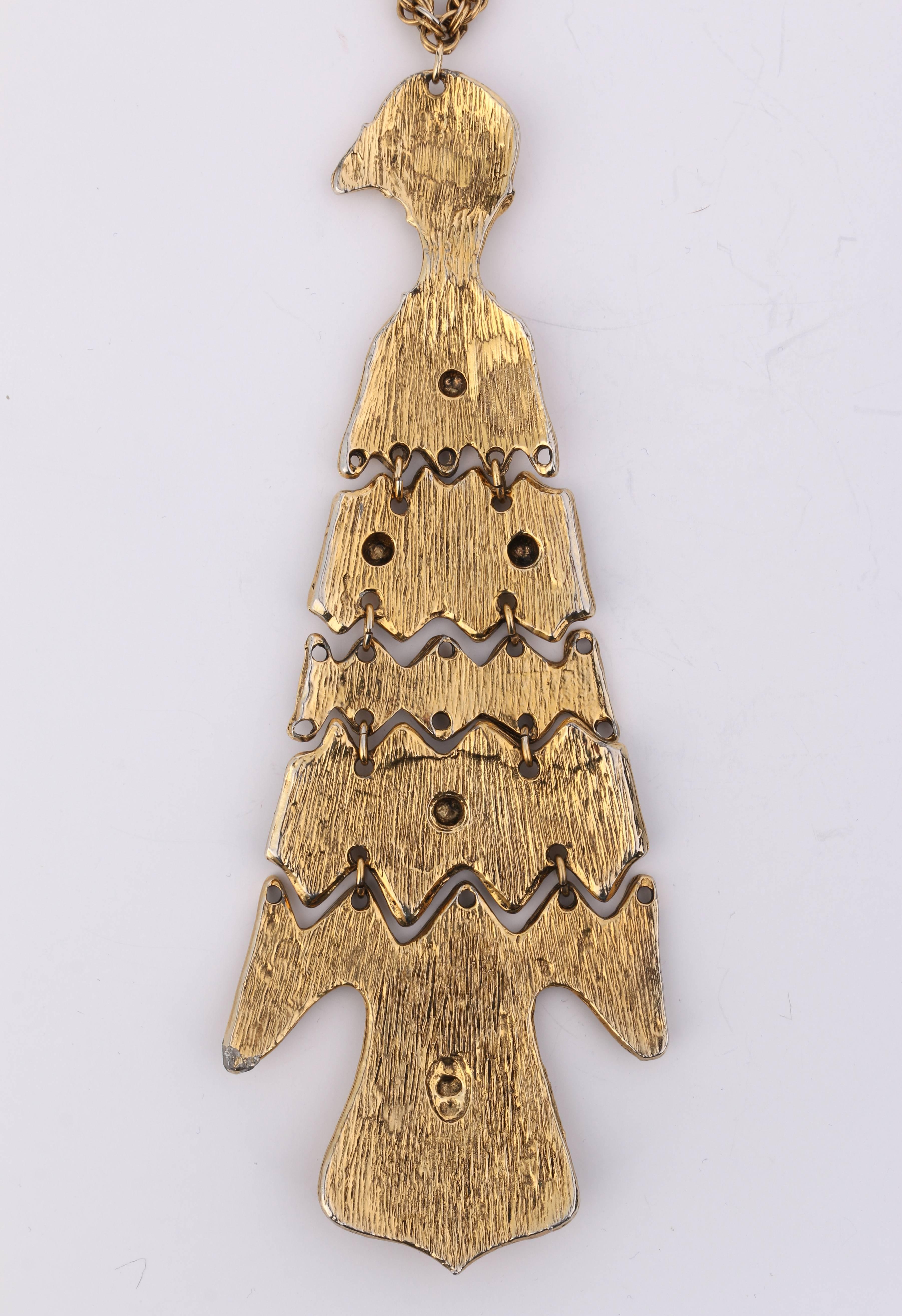 Women's c.1970's Large Gold Totem Bird Articulated Pendant Statement Necklace Rare
