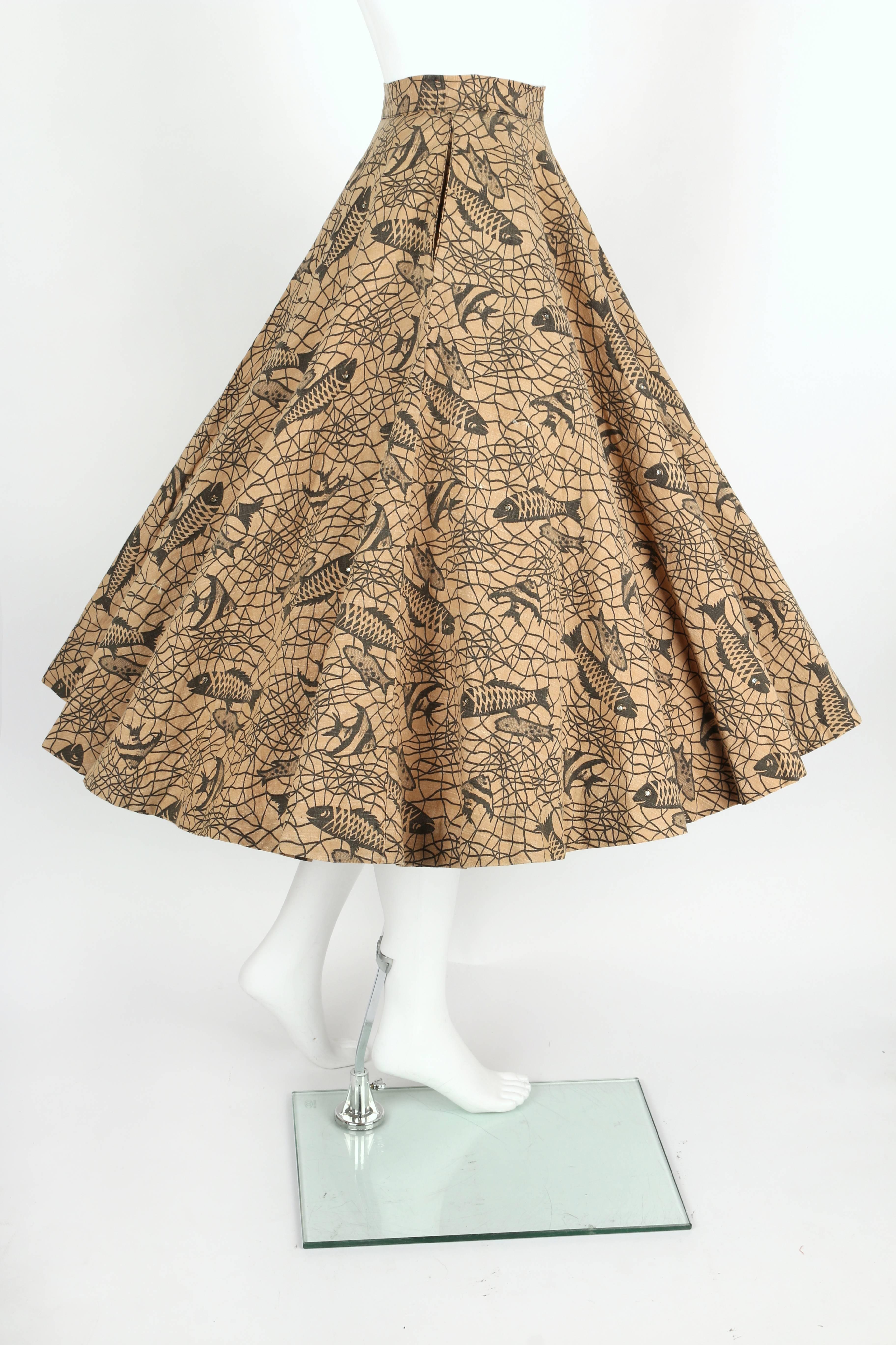COUTURE c.1950's Tan Canvas Tropical Fish Print Rhinestone Circle Skirt OOAK In Excellent Condition In Thiensville, WI