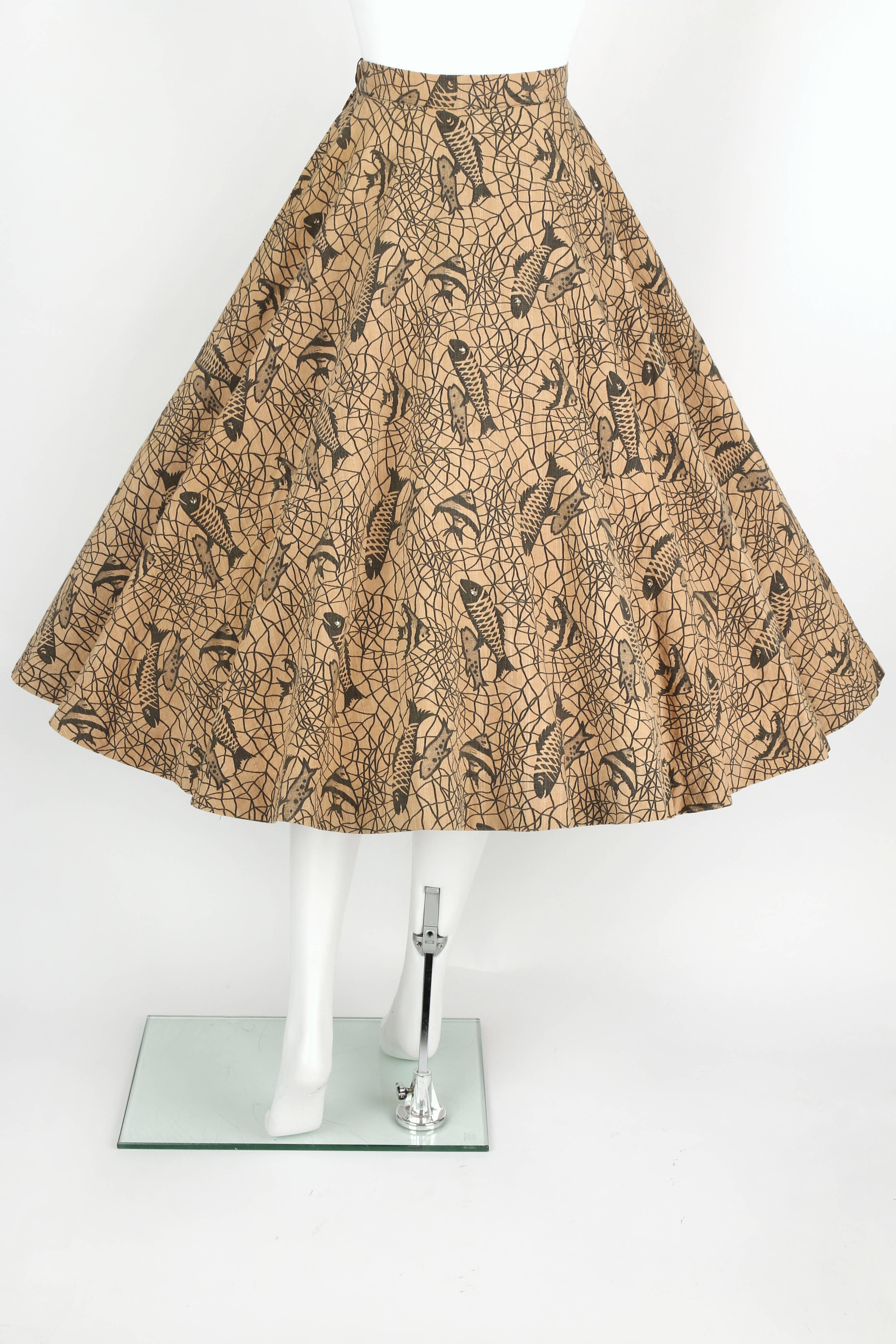 Women's COUTURE c.1950's Tan Canvas Tropical Fish Print Rhinestone Circle Skirt OOAK