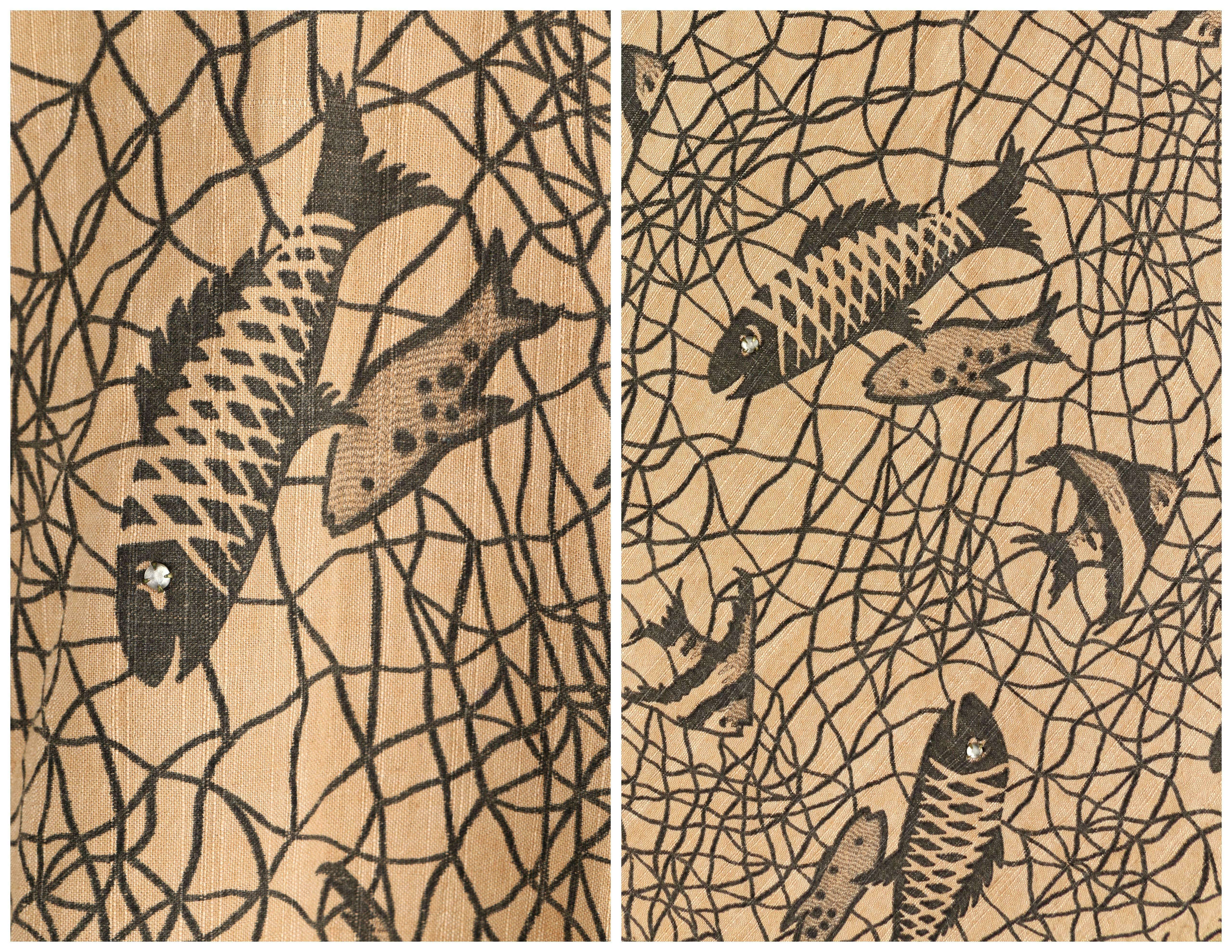 COUTURE c.1950's Tan Canvas Tropical Fish Print Rhinestone Circle Skirt OOAK 4