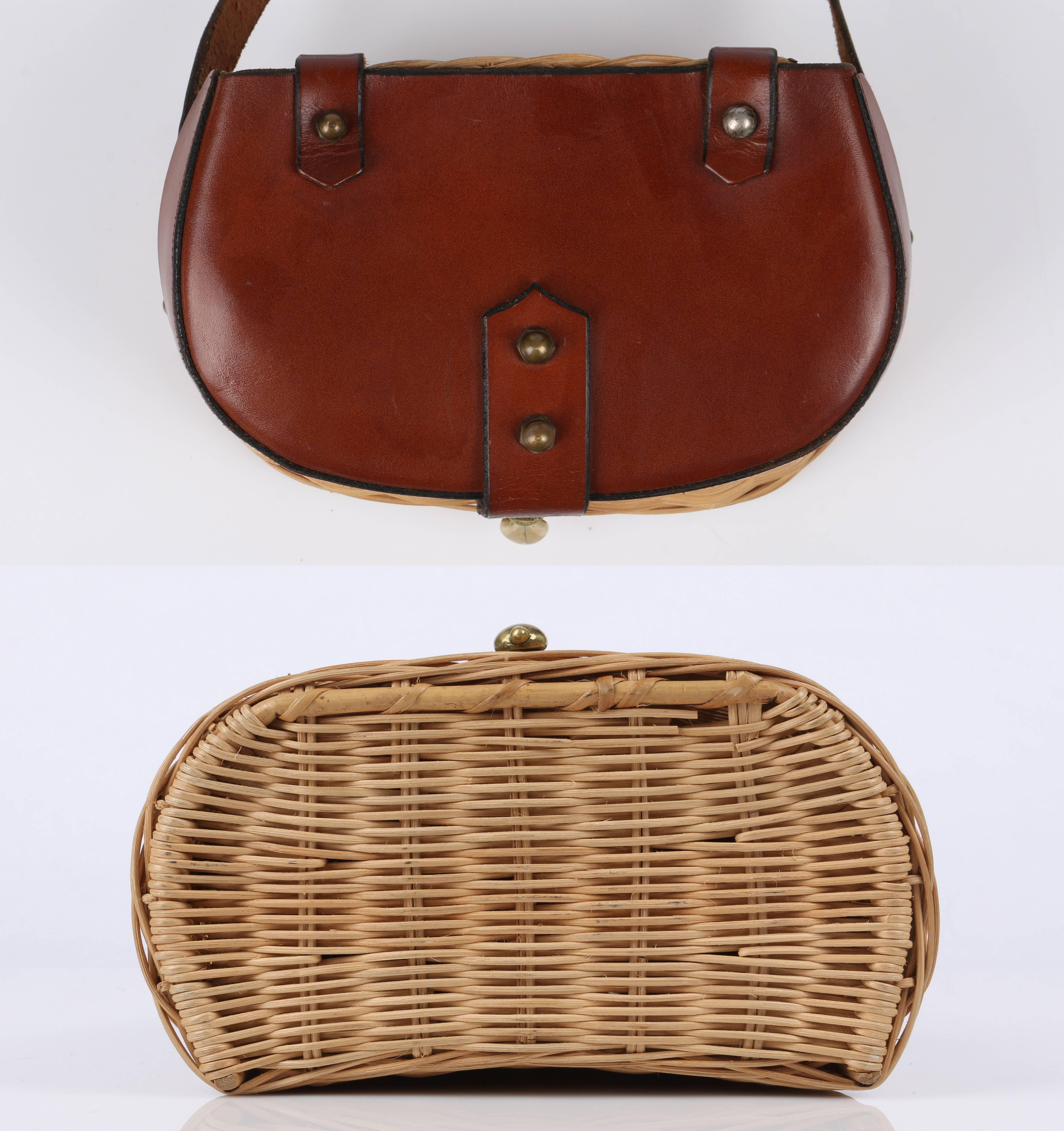 Brown ETIENNE AIGNER c.1950's Handmade Fishing Creel Wicker Purse Handbag RARE