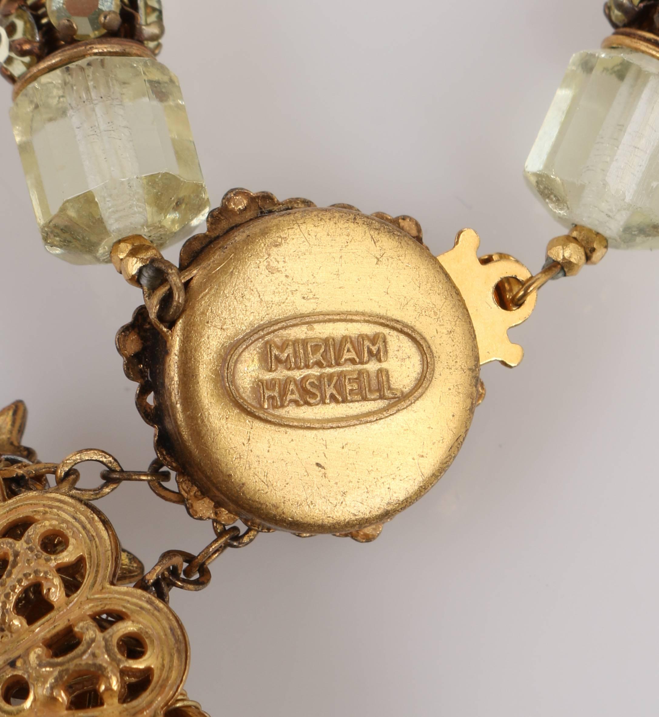 MIRIAM HASKELL c.1950's Signed Gold Gilt Leaf Crystal Beads Pendant Necklace In Good Condition In Thiensville, WI