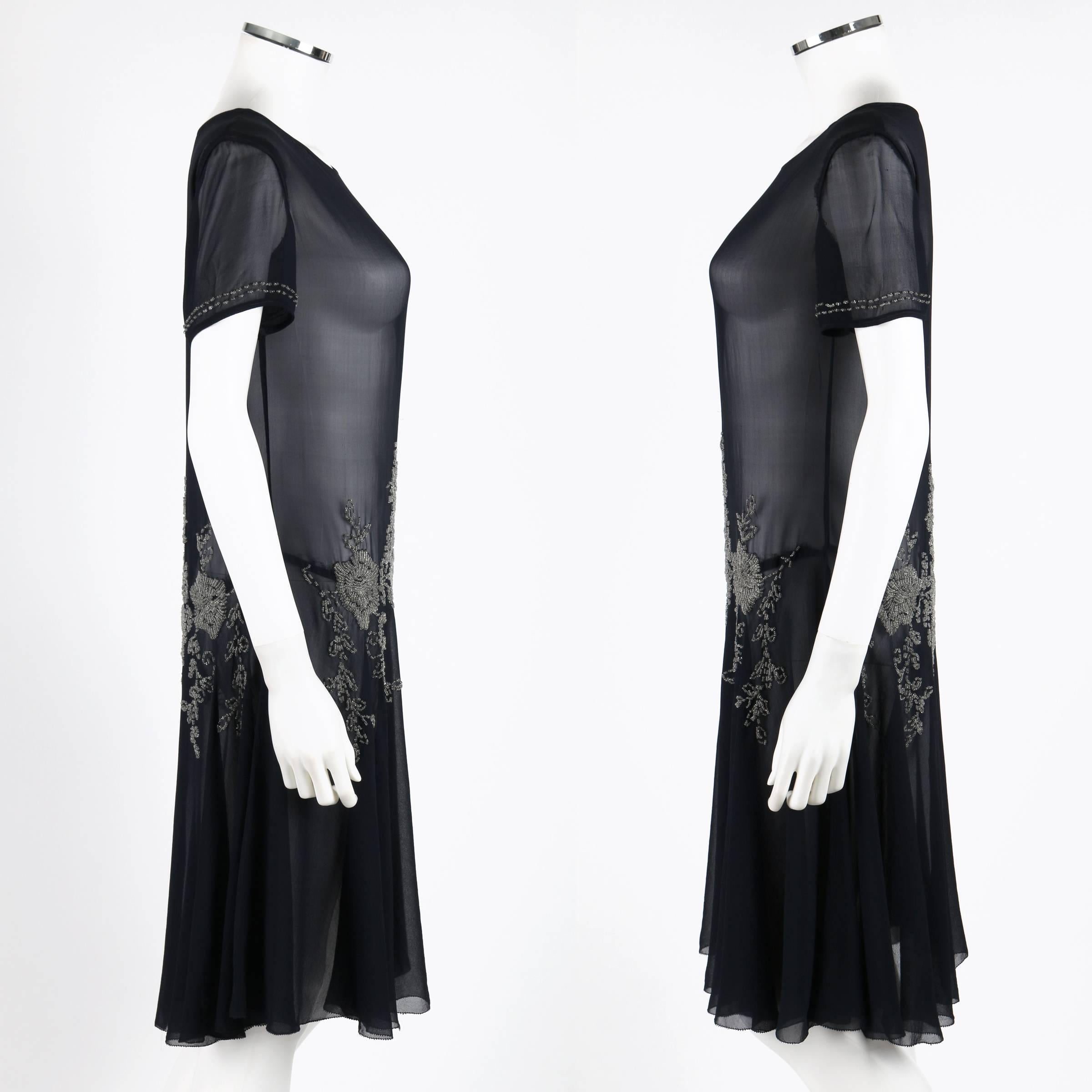 Black COUTURE c.1920's Navy Sheer Silk Chiffon Floral Glass Beaded Evening Dress