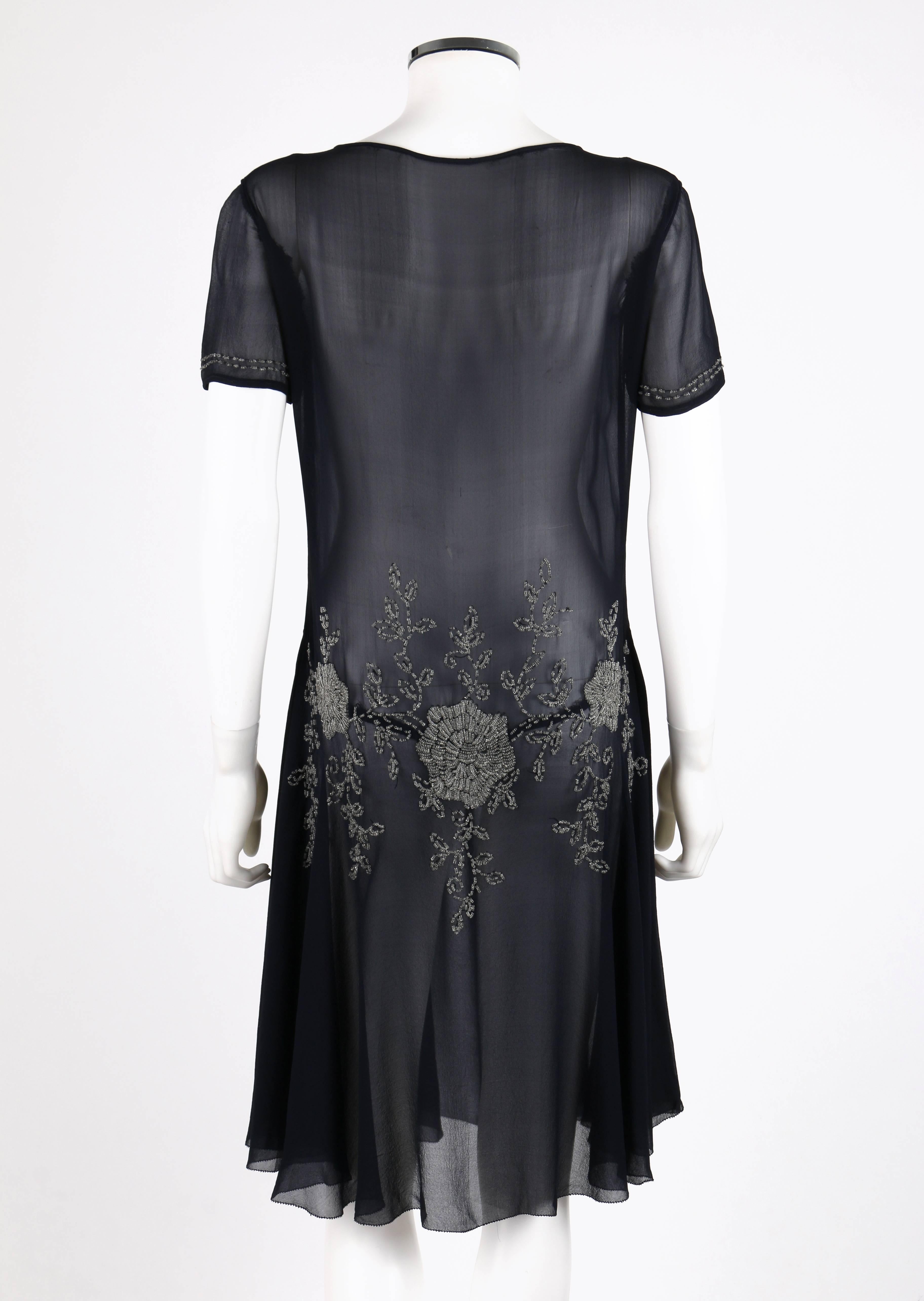 COUTURE c.1920's Navy Sheer Silk Chiffon Floral Glass Beaded Evening Dress In Excellent Condition In Thiensville, WI
