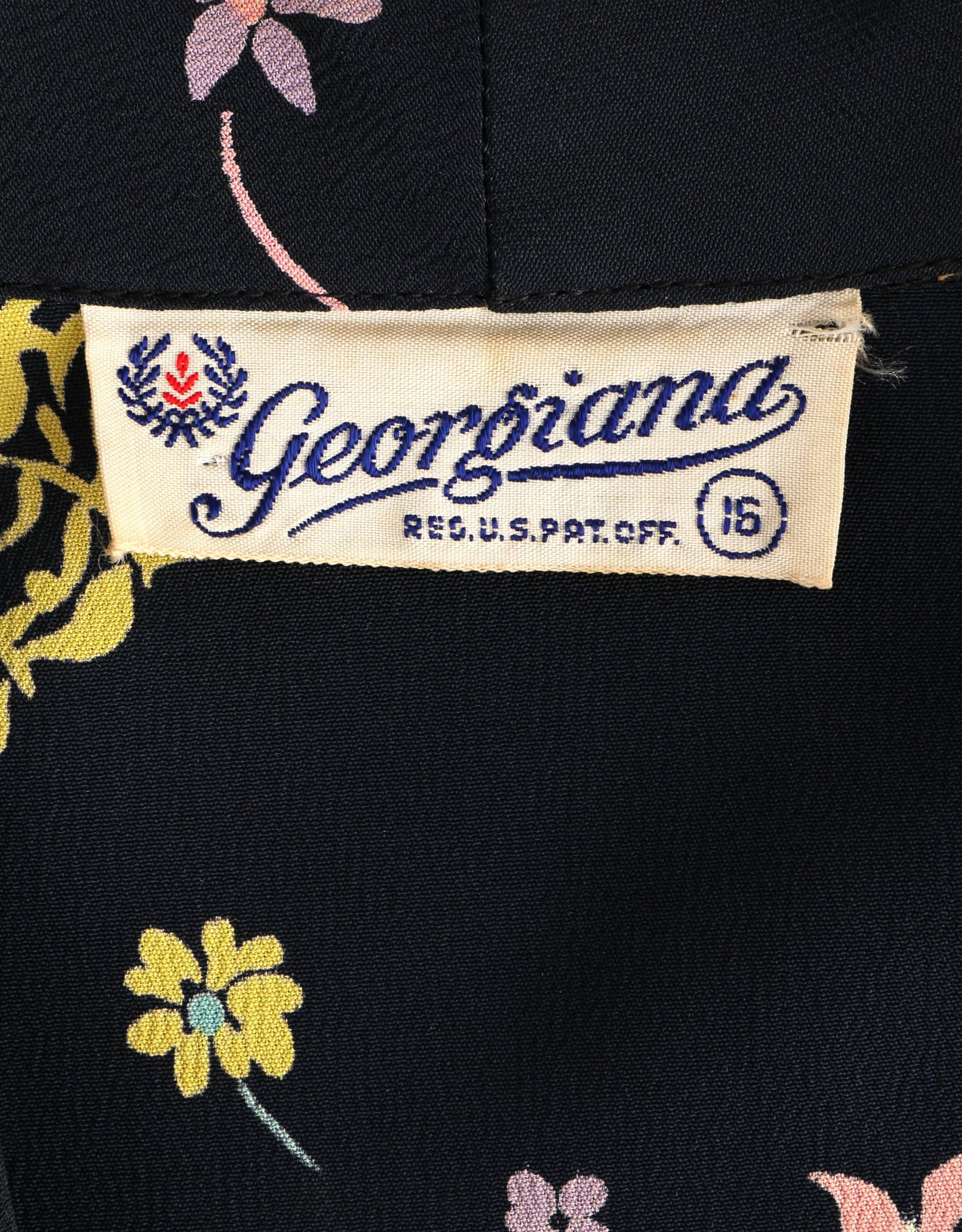 GEORGIANA c.1940's Navy Blue Rayon Crepe Floral Seashell Print Peplum Day Dress 2