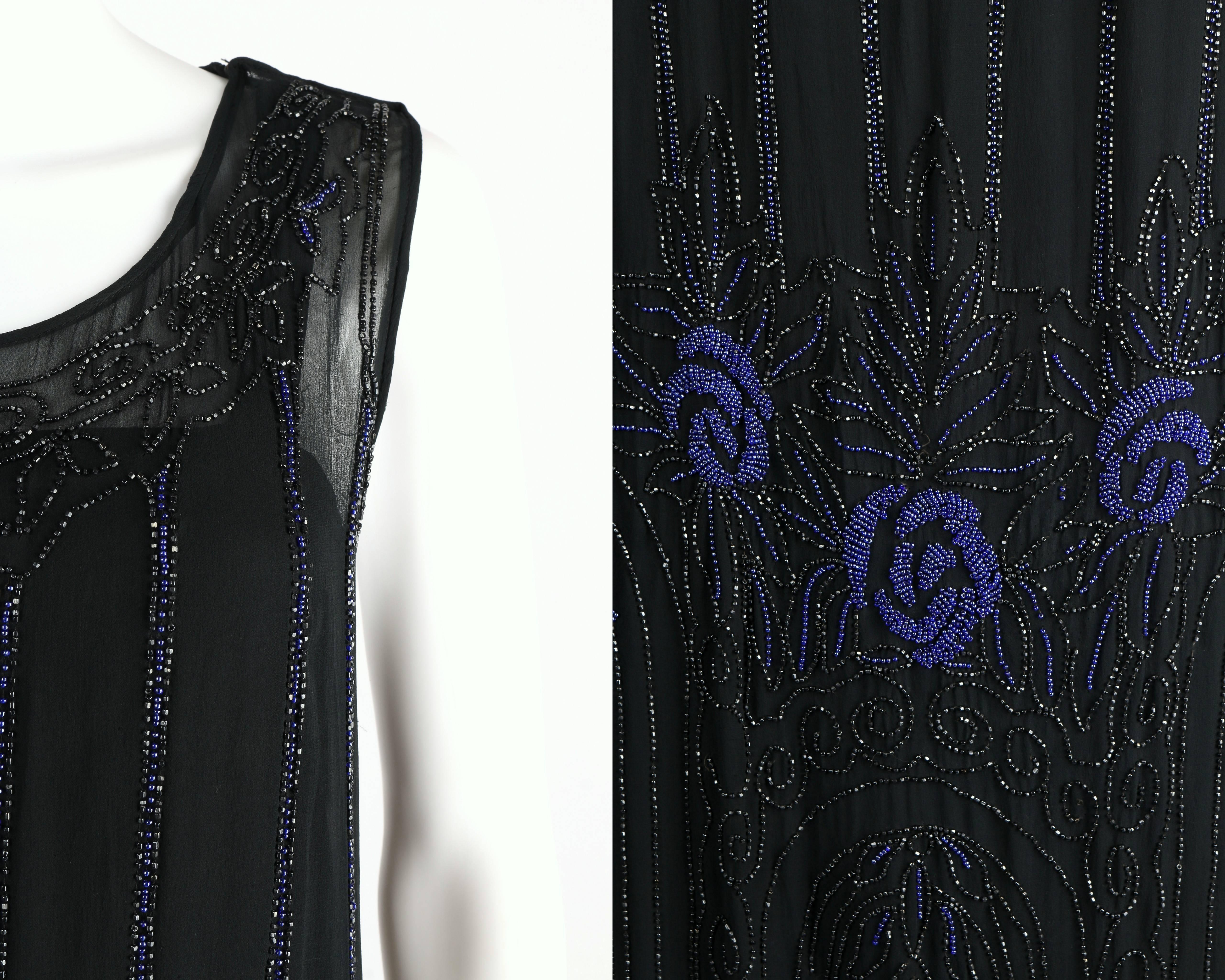COUTURE c.1920's Black Silk Chiffon Art Deco Beaded Flapper Cocktail Slip Dress 3