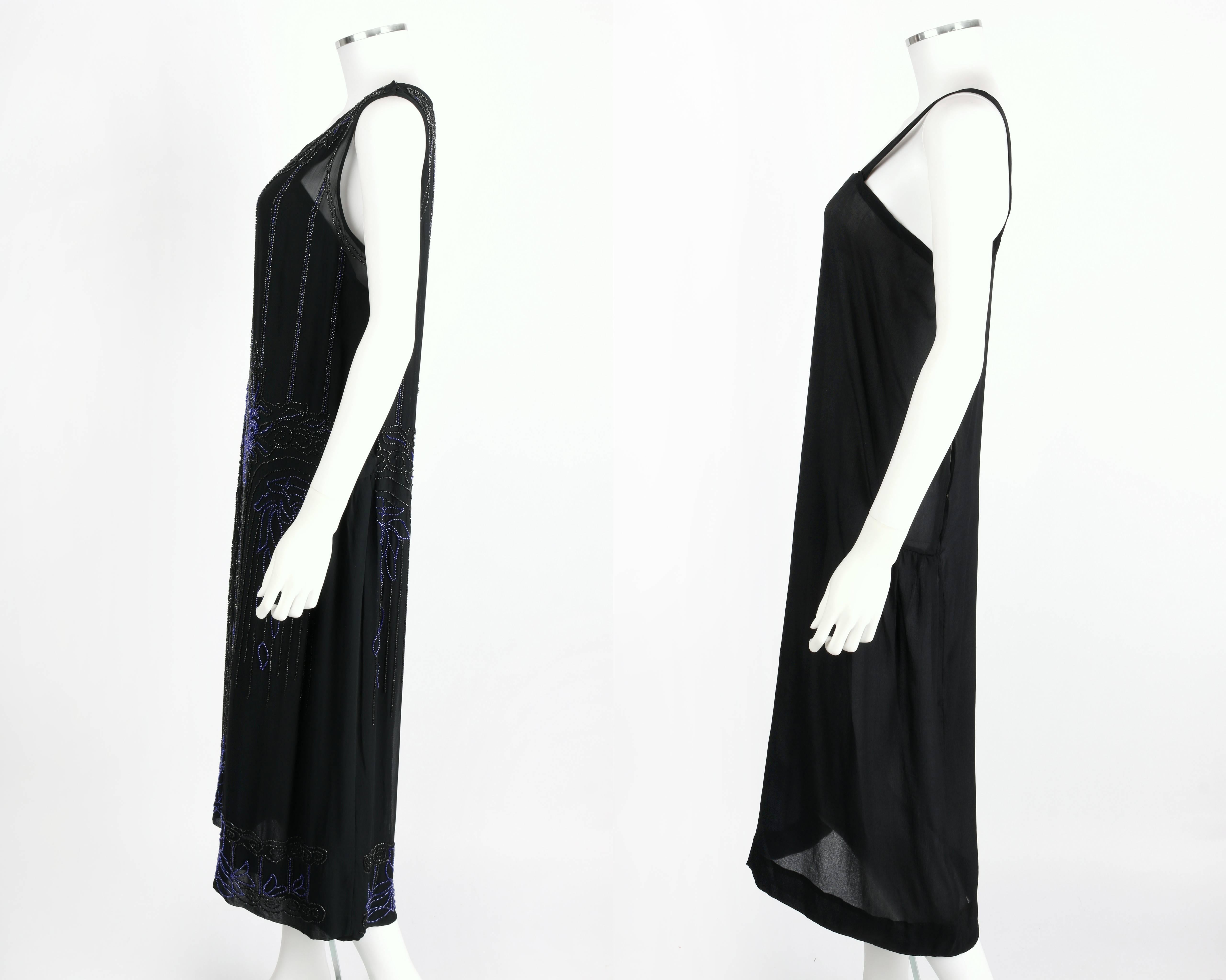 COUTURE c.1920's Black Silk Chiffon Art Deco Beaded Flapper Cocktail Slip Dress 1