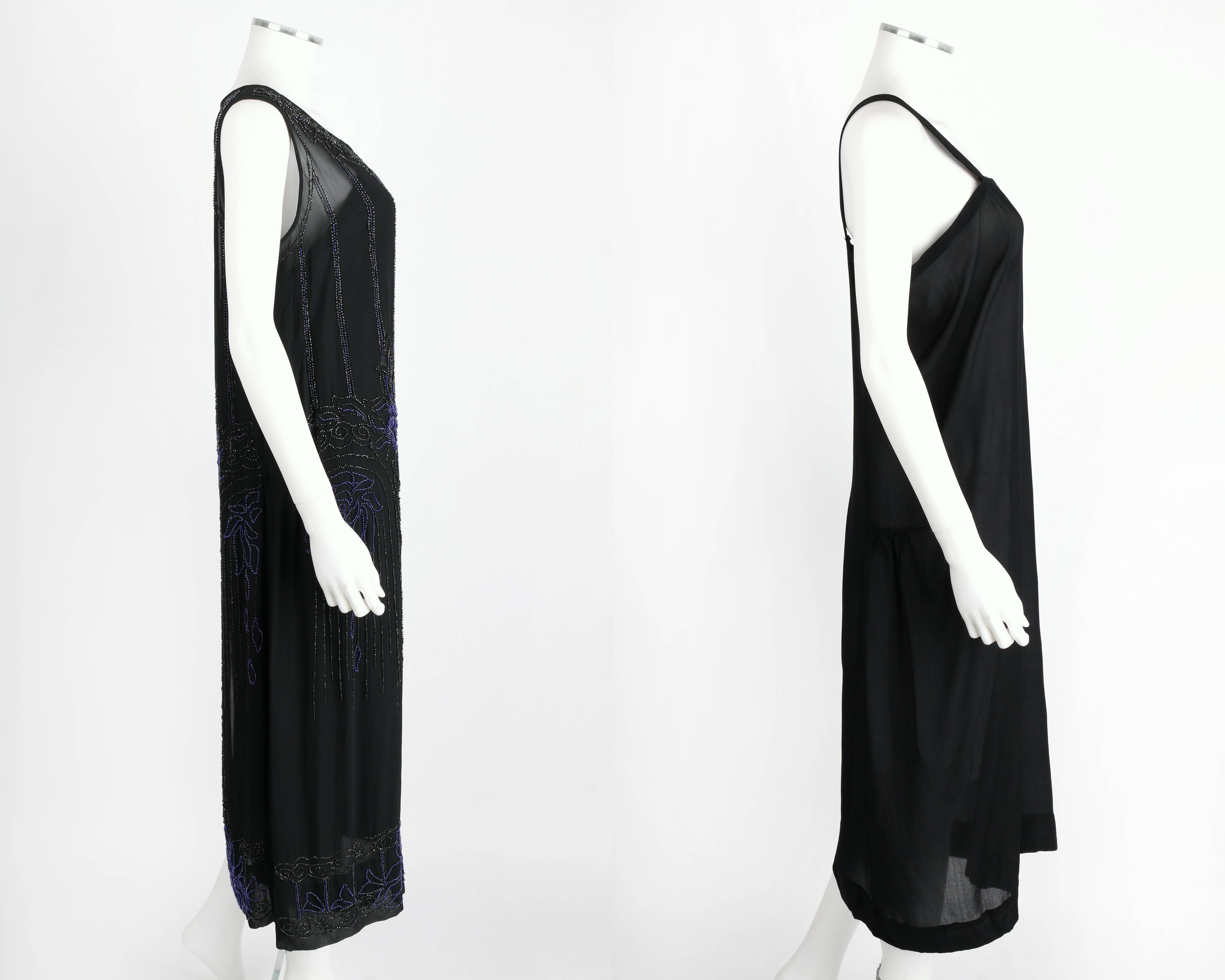 COUTURE c.1920's Black Silk Chiffon Art Deco Beaded Flapper Cocktail Slip Dress In Excellent Condition In Thiensville, WI