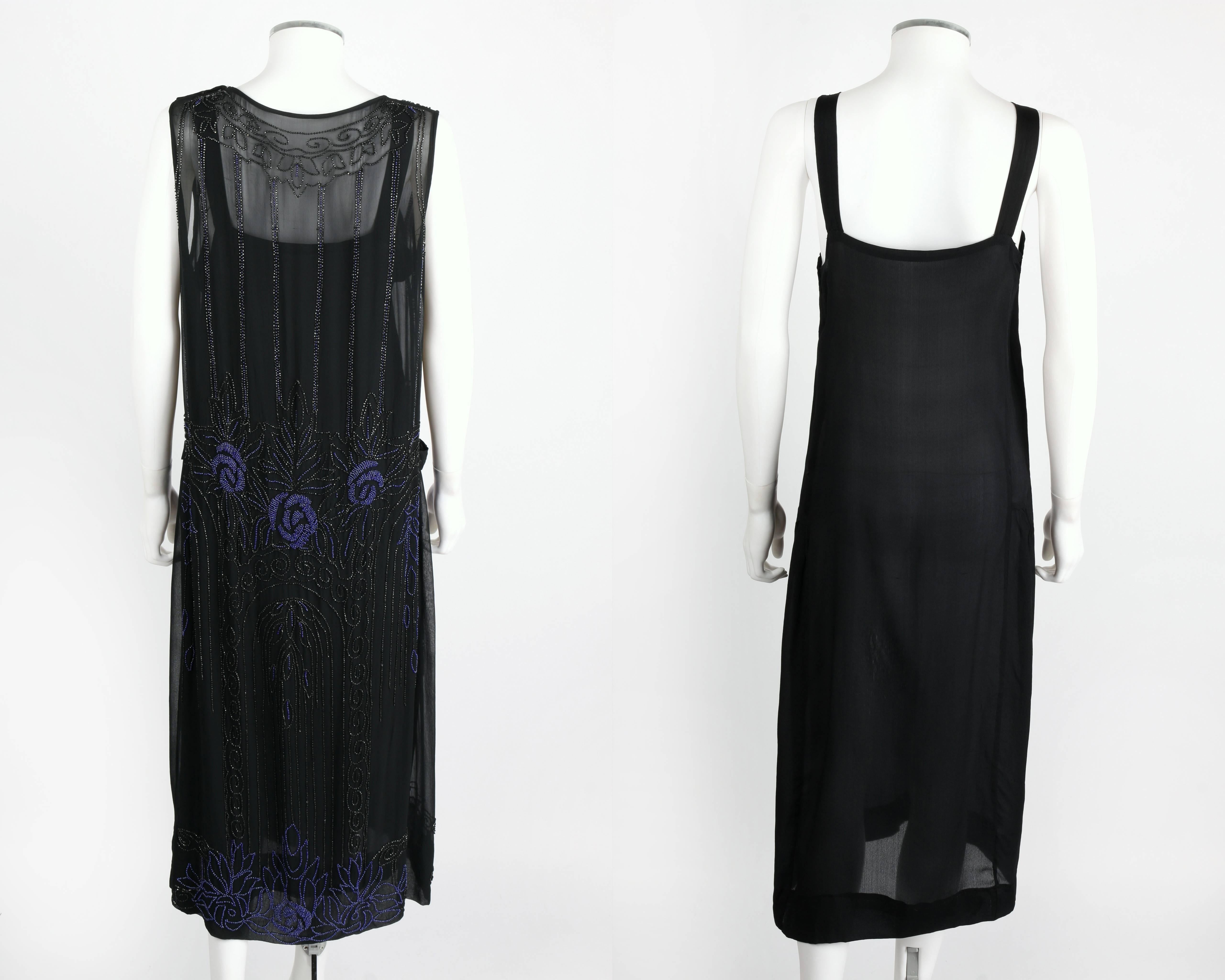 Women's COUTURE c.1920's Black Silk Chiffon Art Deco Beaded Flapper Cocktail Slip Dress