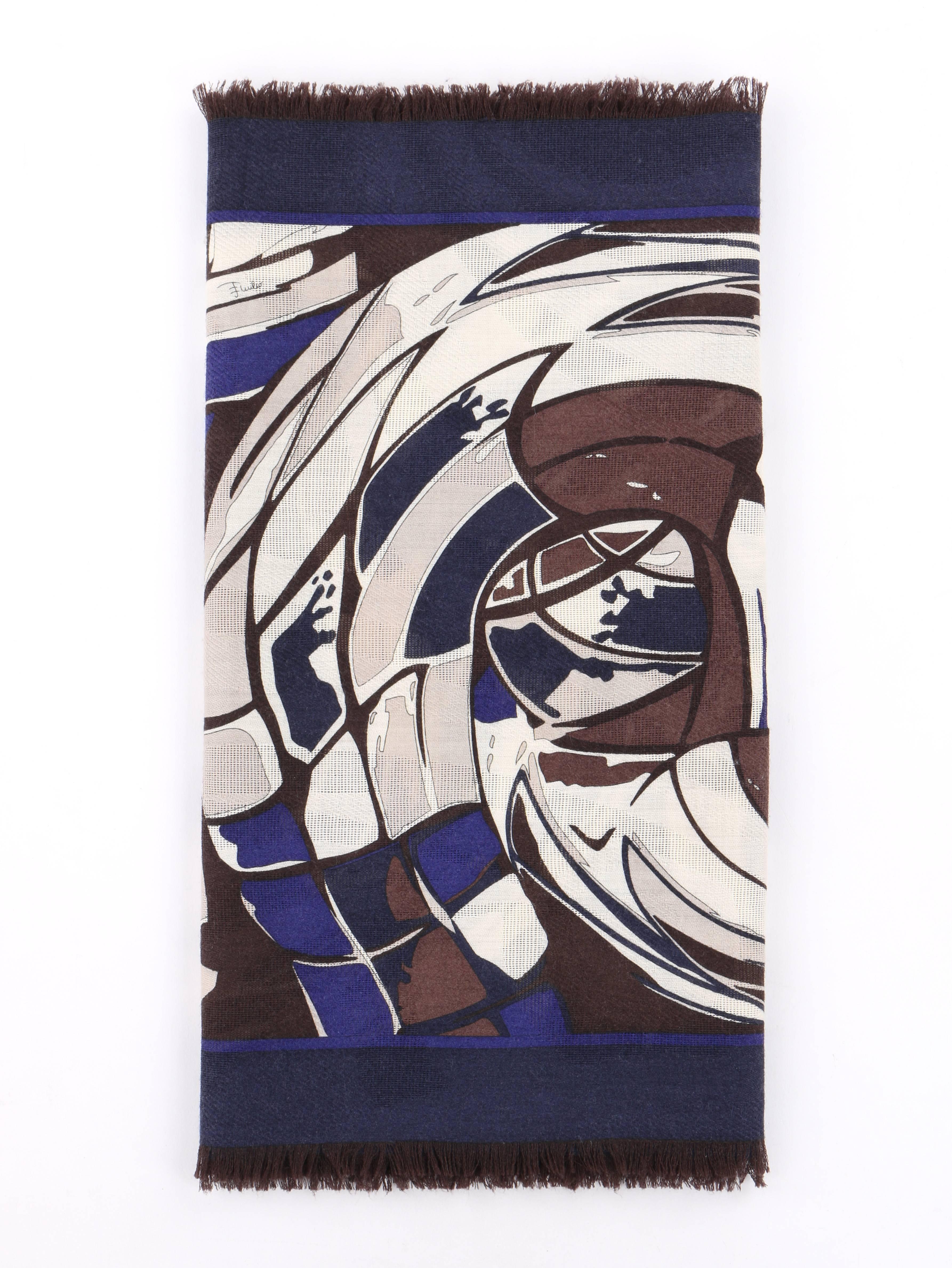 EMILIO PUCCI Wool Silk Multicolor Abstract Signature Print Oblong Scarf In Excellent Condition In Thiensville, WI